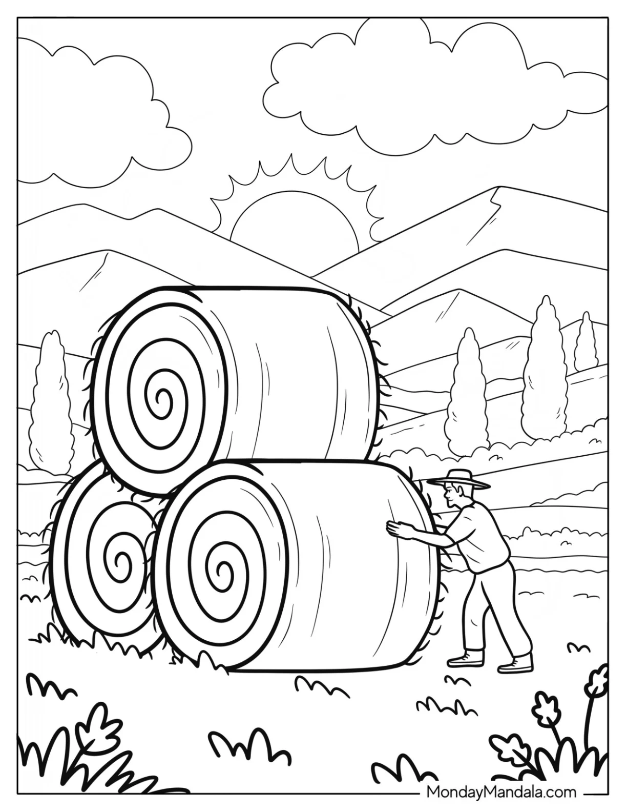Farm Coloring Page of Farmer Stacking Giant Hay Bales in a Mountain Valley coloring page — printable line art
