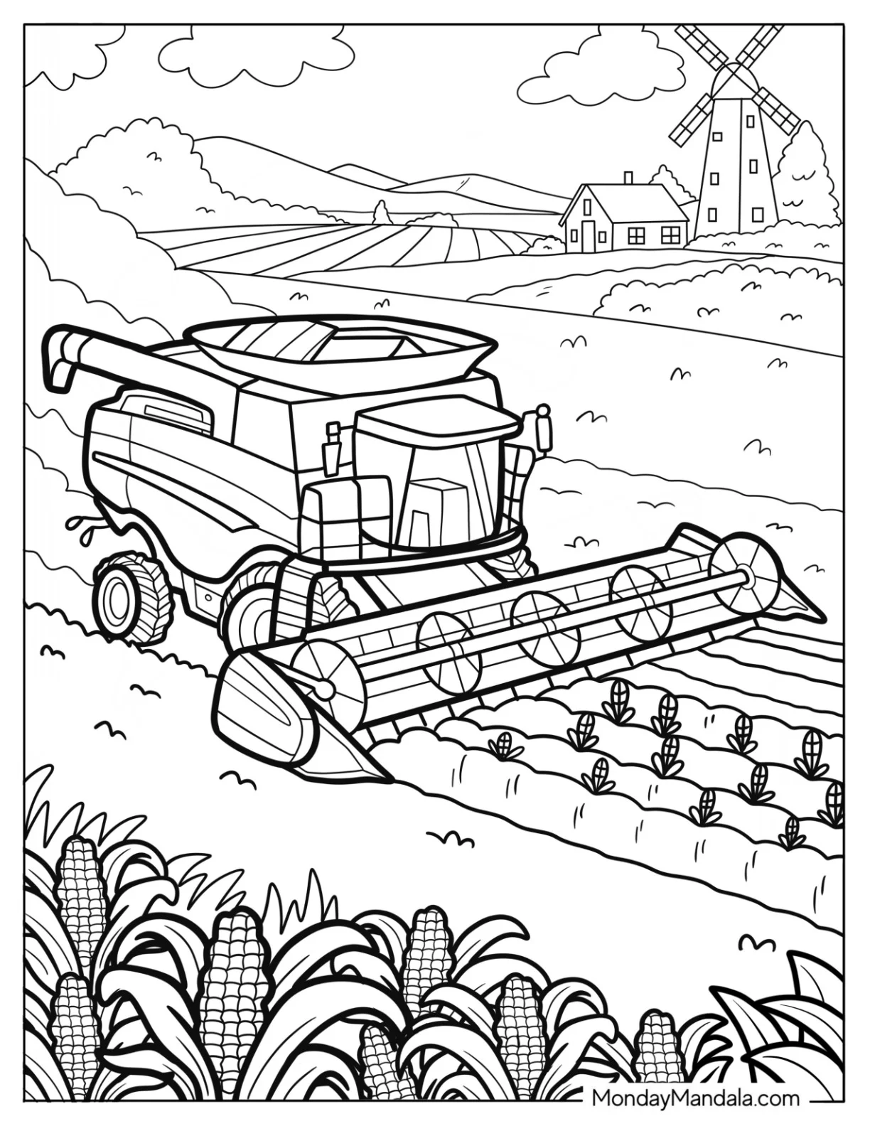 Farm Coloring Page of Farming Tractor Collecting Crops on a Rolling Field coloring page — printable line art