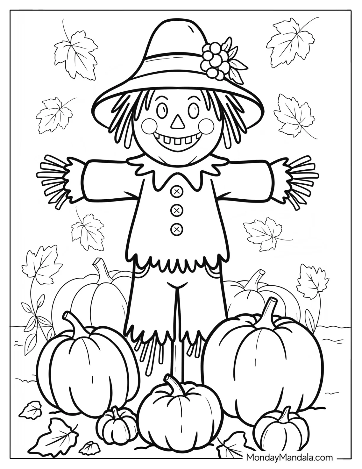 Farm Coloring Page of Smiling Scarecrow Standing Among Pumpkins and Falling Leaves Coloring Page for Kids coloring page — printable line art