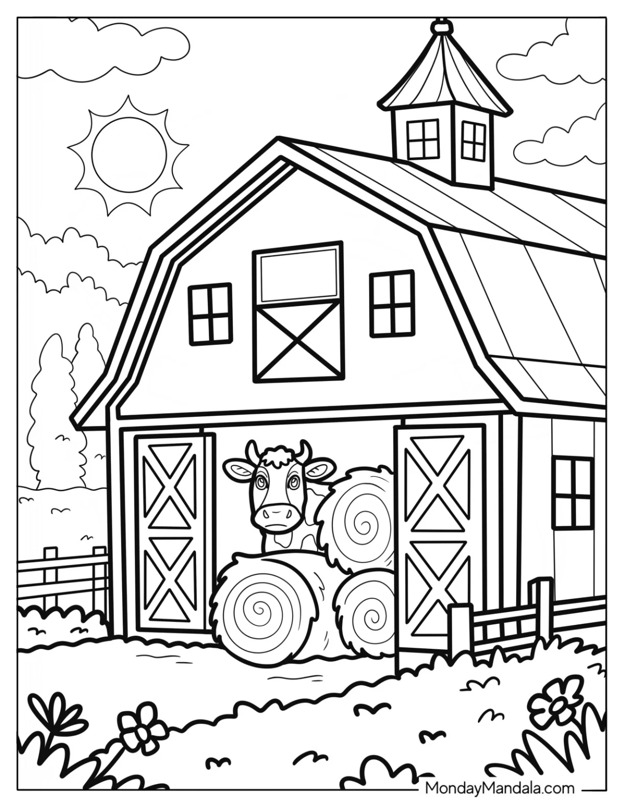 Farm Coloring Page of Sunny Farmyard with Cow Peeking Out from a Classic Barn with Hay Bales coloring page — printable line art