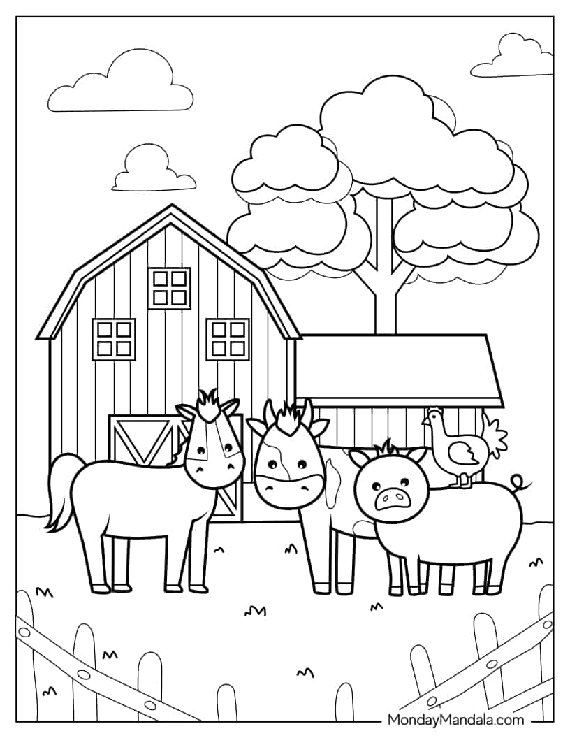Farm With Horses And Cows To Color coloring page