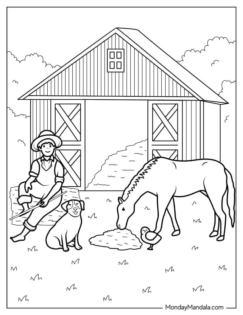 Farmer Boy With Animals Next To Barn coloring page — printable line art