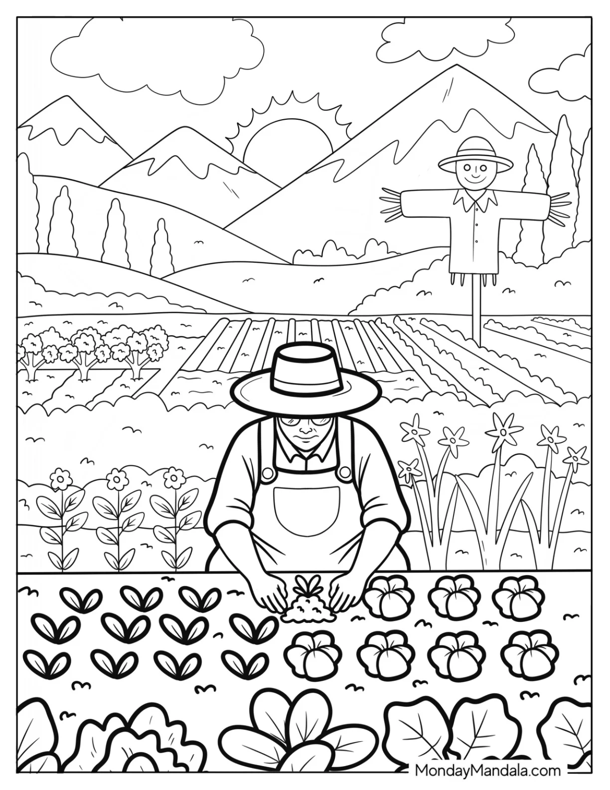 Farmer Tending a Vegetable Garden with Scarecrow and Mountains coloring page — printable line art
