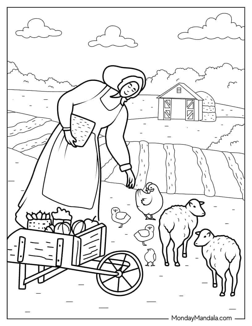 Farmer Wife Feeding Animals To Color coloring page — printable line art