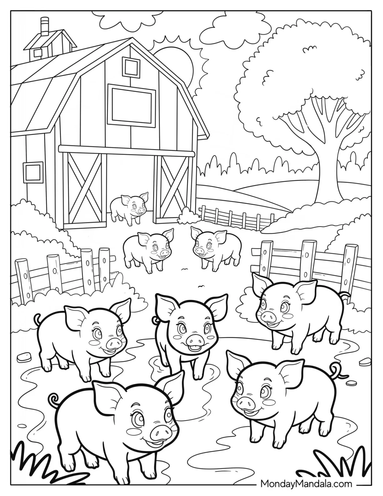 Group of Playful Piglets in Front of a Barn in Farm Coloring Page coloring page — printable line art