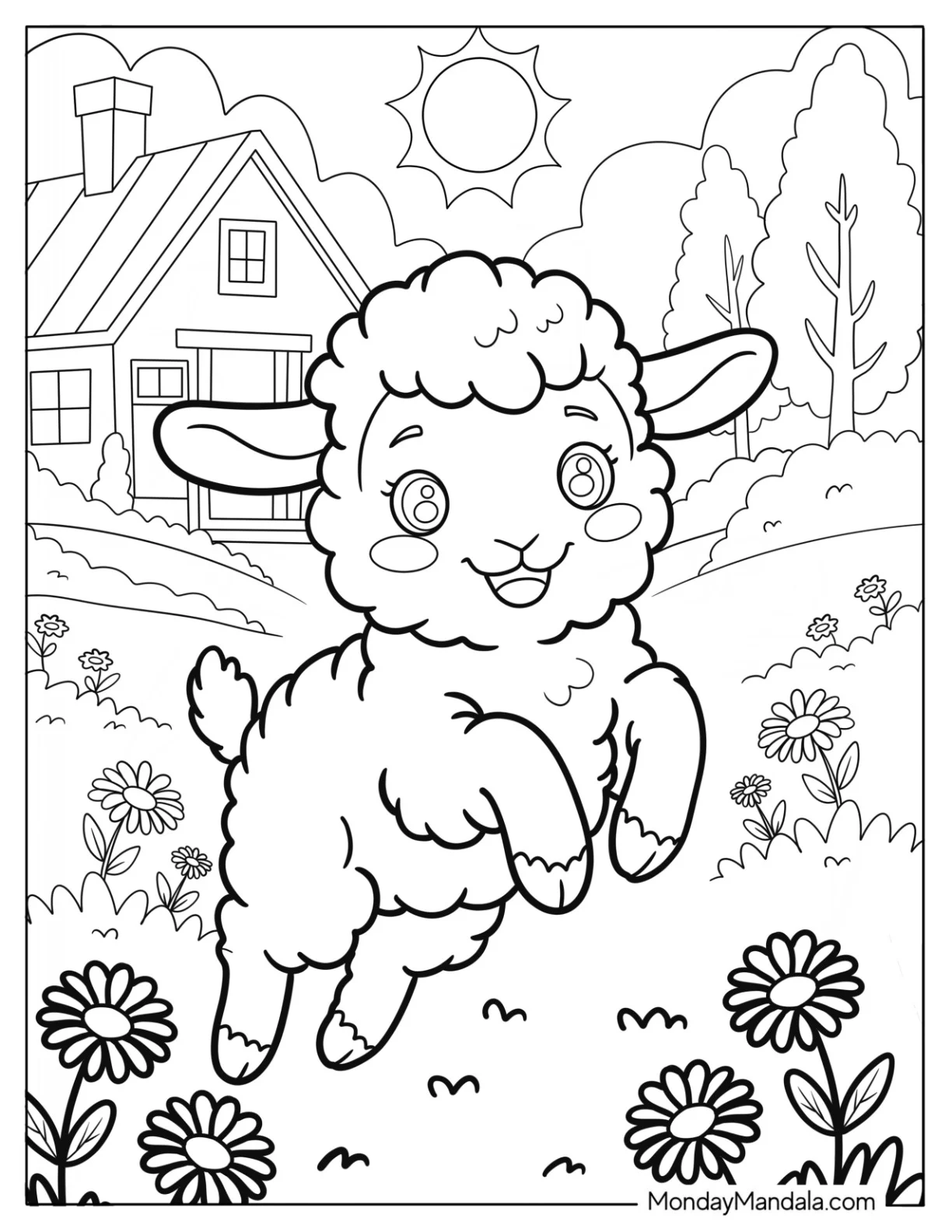 Happy Lamb Jumping Through Flowers on the Farm Coloring Page for Kids coloring page — printable line art