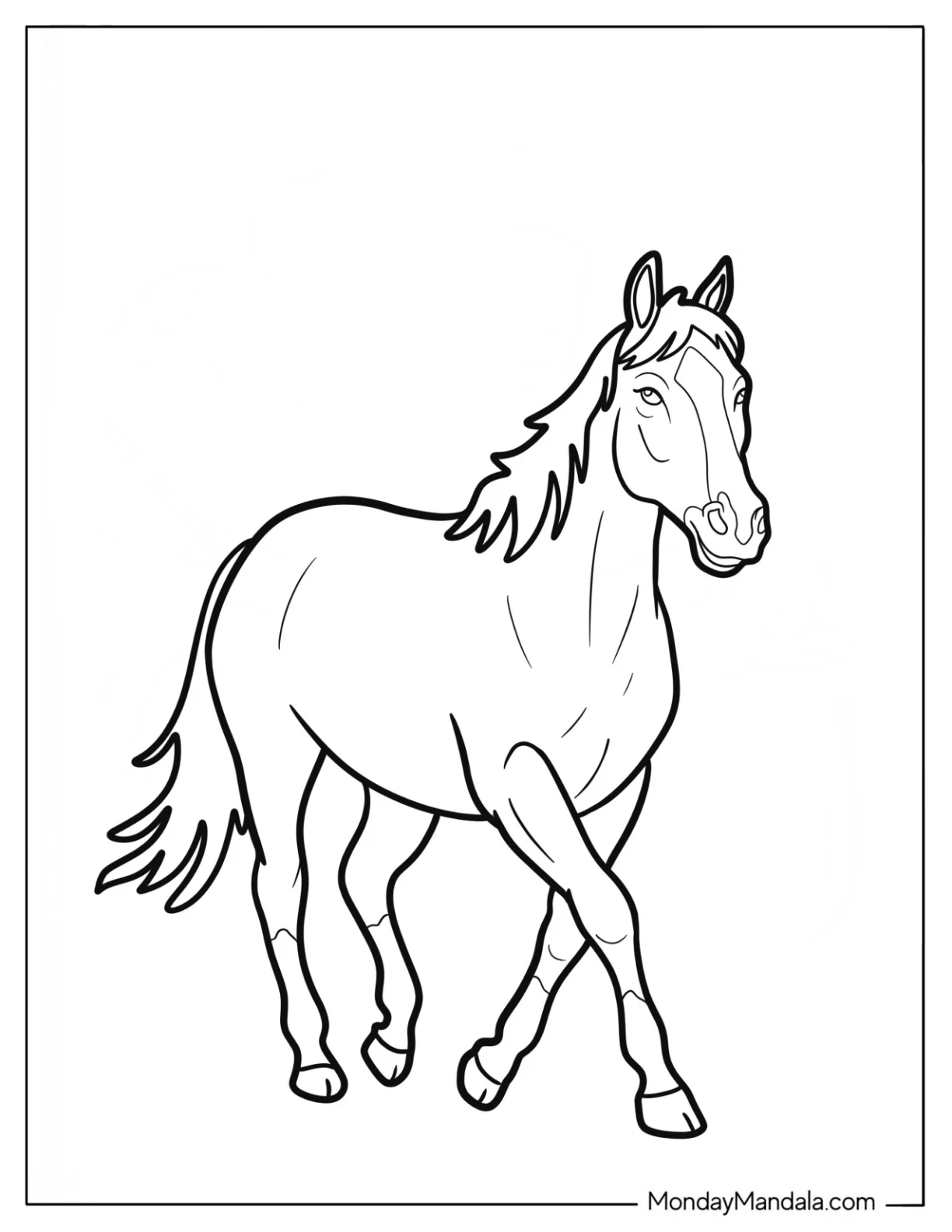 Majestic Farm Coloring Page of Horse with Flowing Mane for Kids coloring page — printable line art