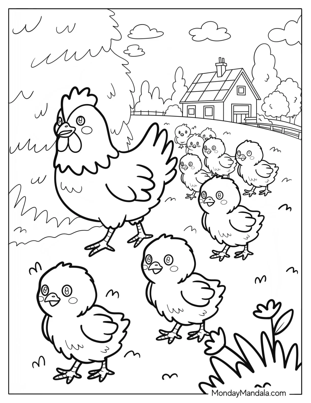 Mother Hen Leading a Flock of Chicks Through the Farm Coloring Page coloring page