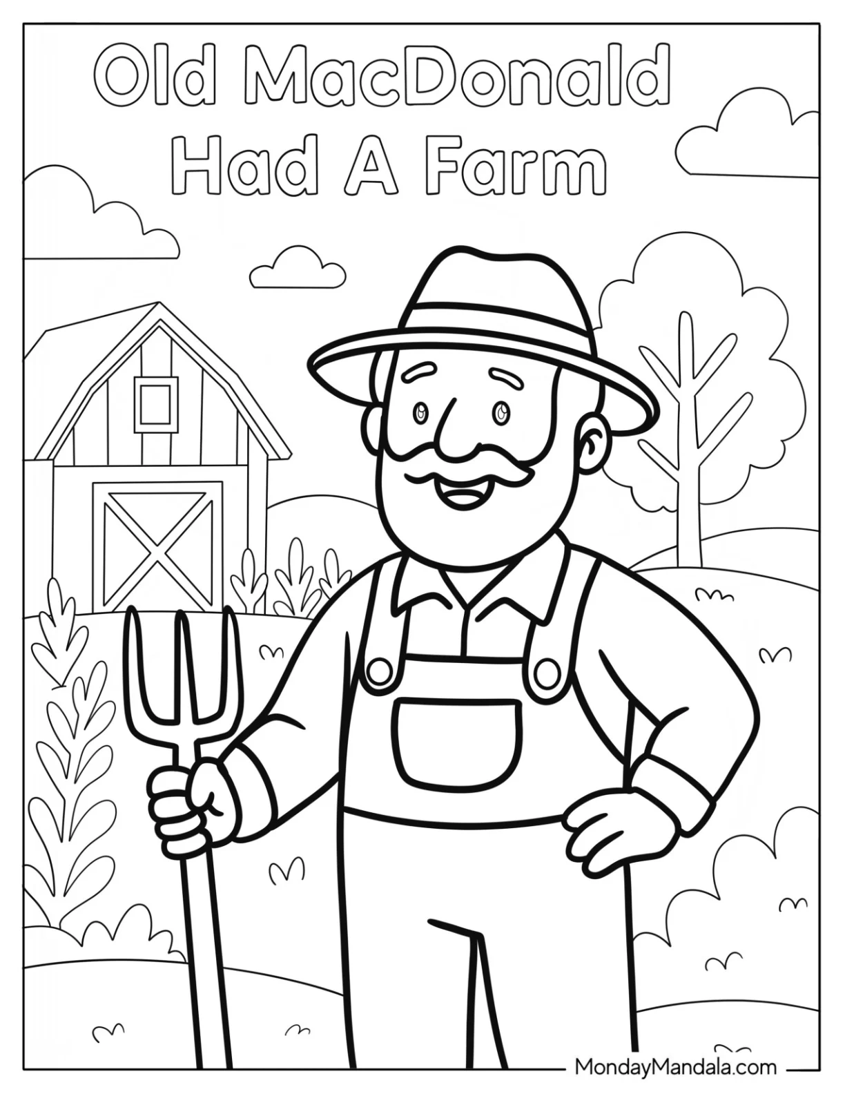 Old MacDonald Smiling with Pitchfork on the Farm Coloring Page for Preschoolers coloring page