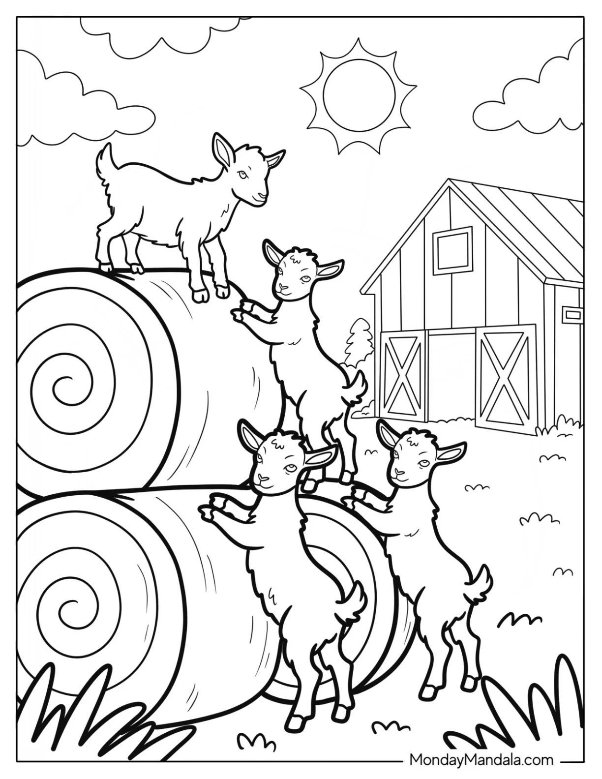 Playful Goats Climbing Hay Bales on a Sunny Farm Coloring Page coloring page
