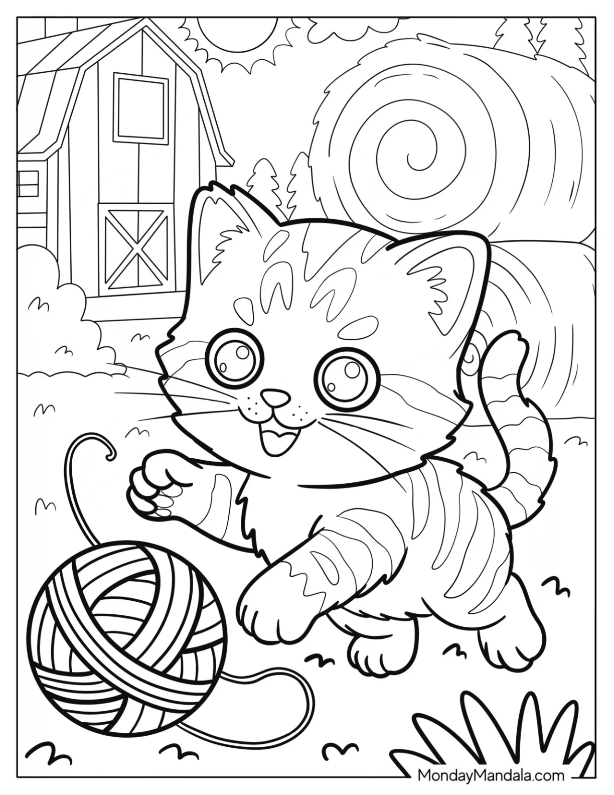 Playful Kitten on a Sunny Farm Coloring Page coloring page — printable line art