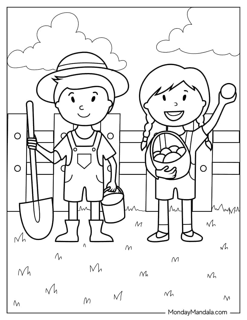 Two Children Working On Farm To Color coloring page — printable line art