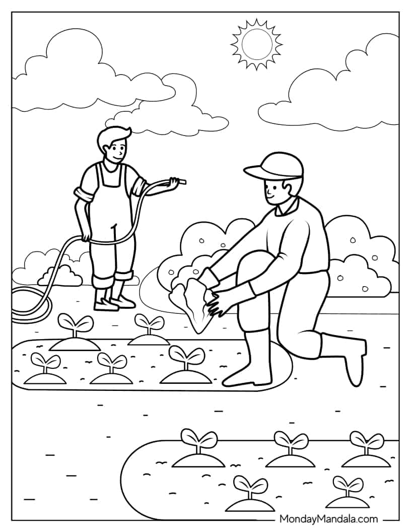 Two Farmers Planting Crops To Color coloring page
