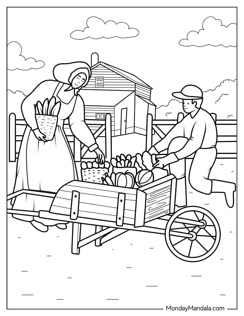 Two Farmers Presenting Harvest For Sale coloring page — printable line art