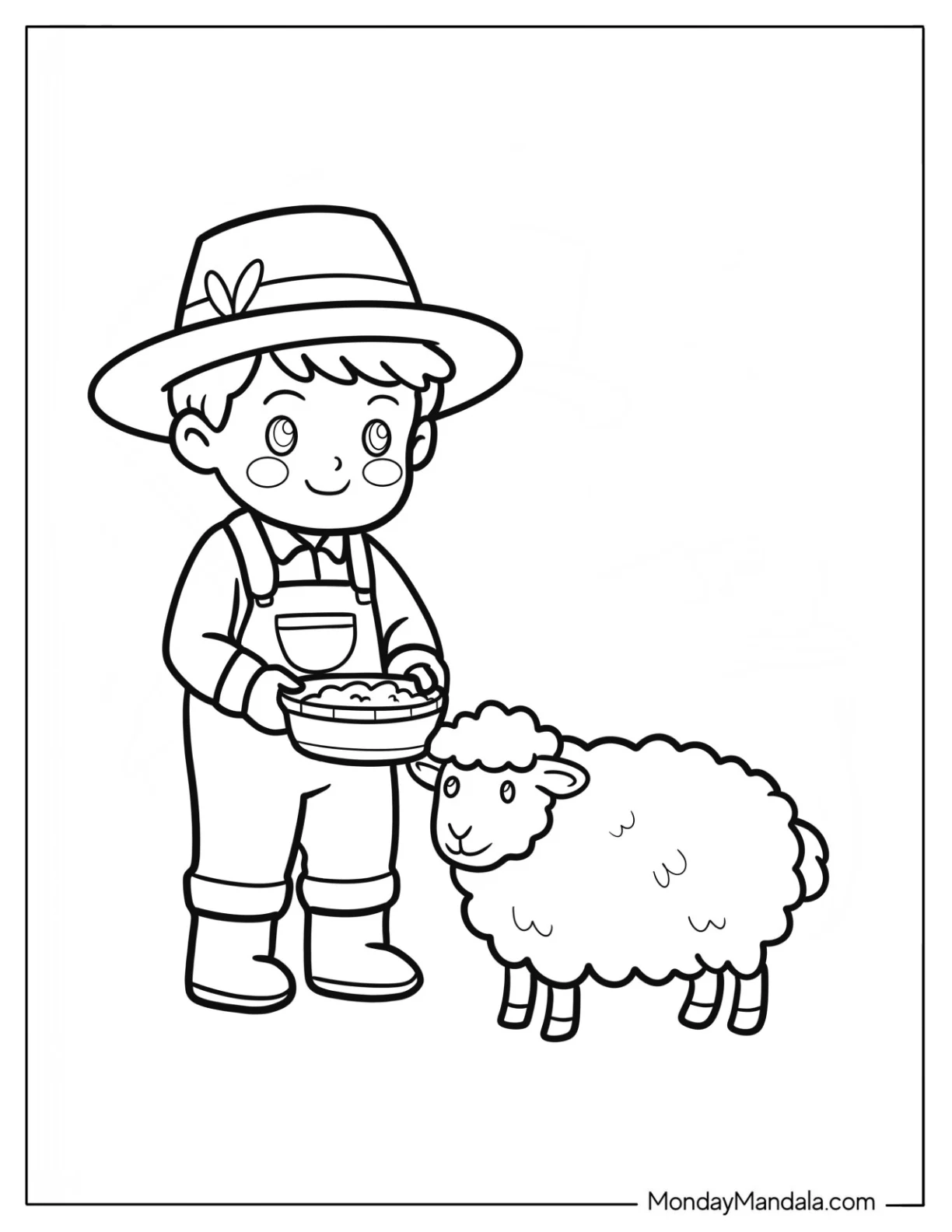 Young Farmer Feeding a Fluffy Sheep on the Farm Coloring Page for Preschoolers coloring page
