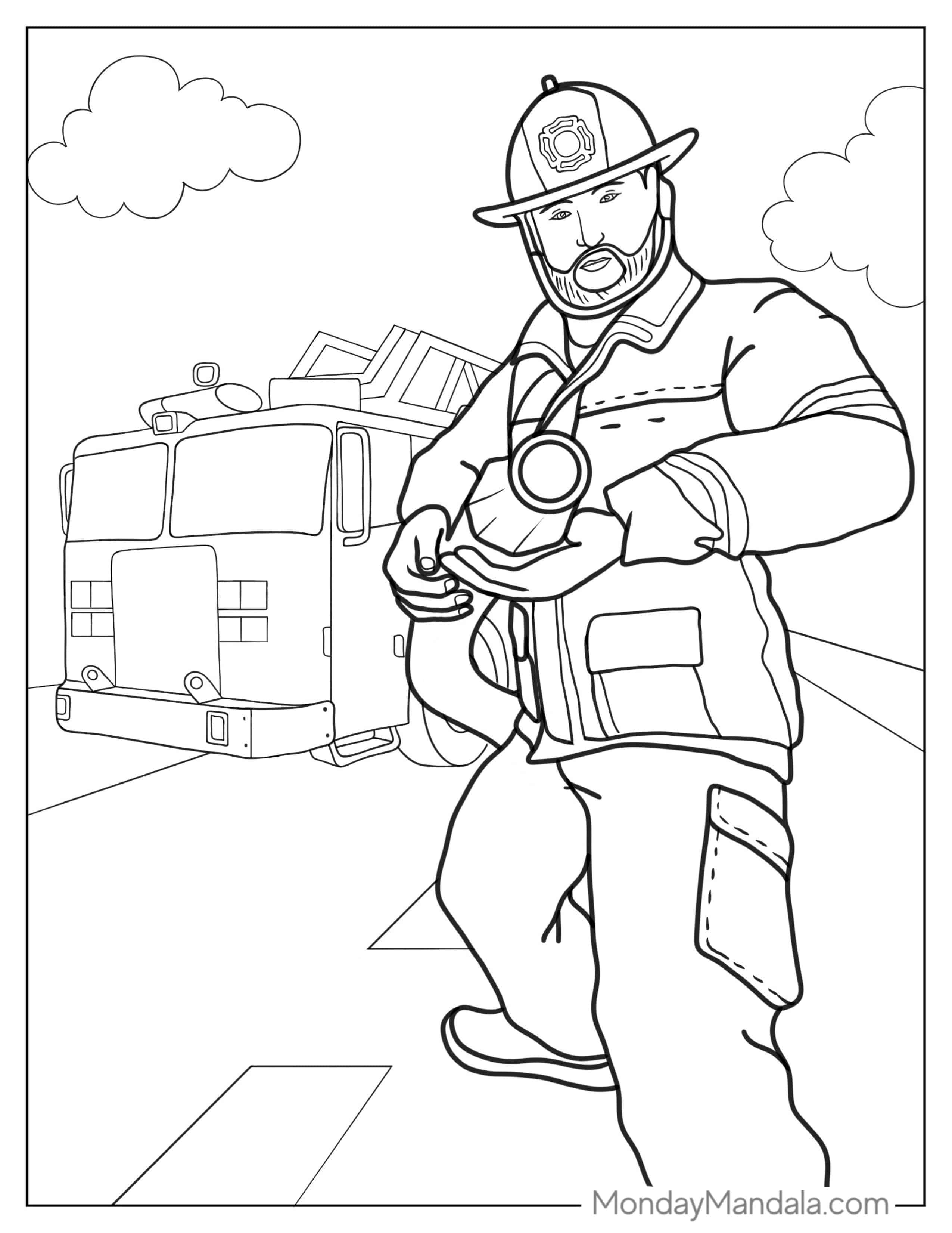 Coloring Page Of Firefighter Holding Water Hose coloring page