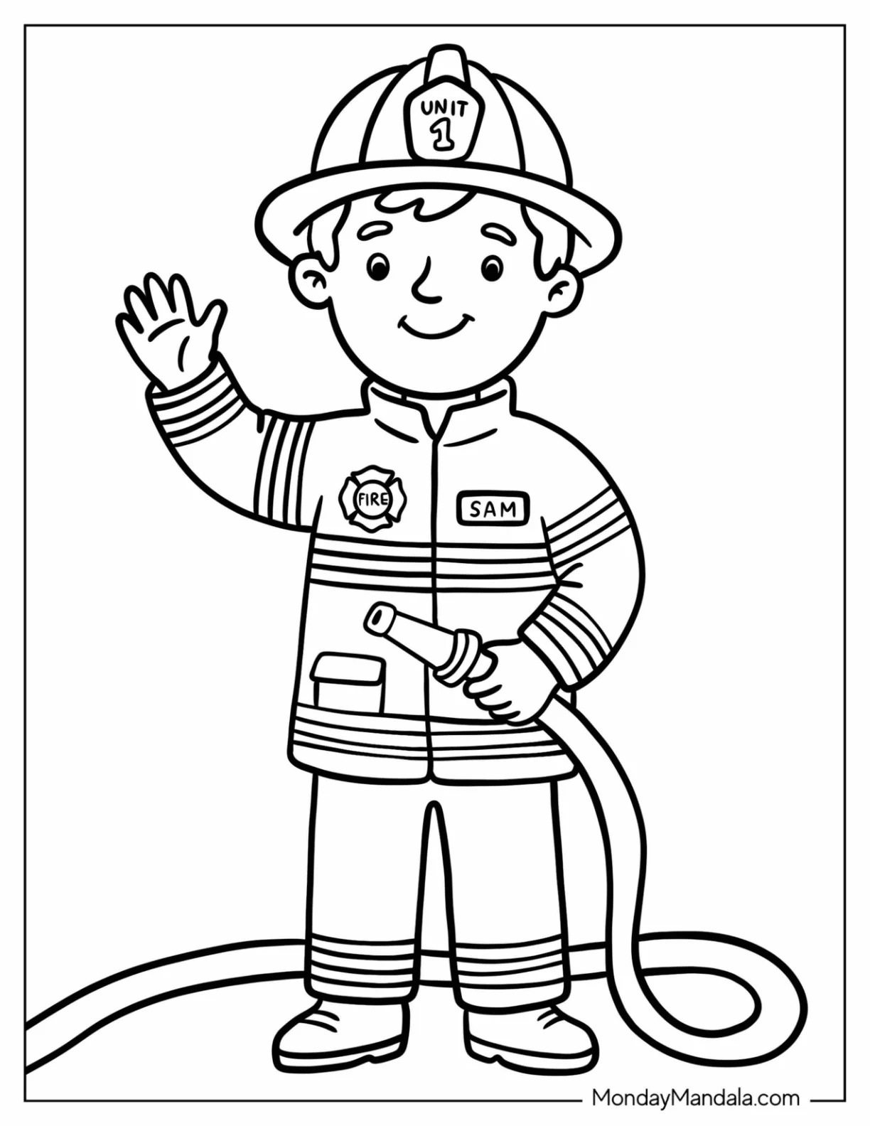 Easy Firefighter Holding a Fire Hose Coloring Sheet for Preschoolers coloring page