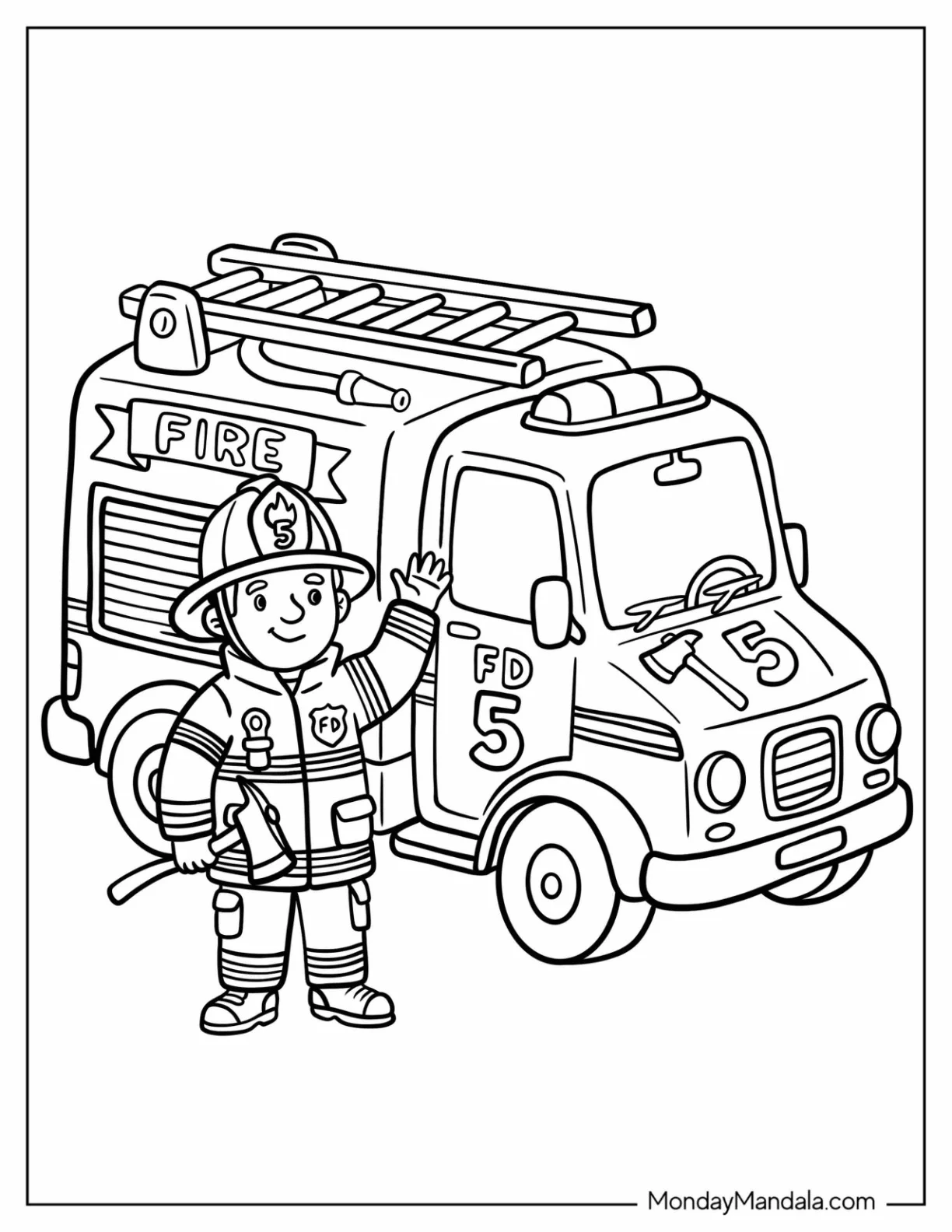 Easy Firefighter with Axe Next to a Fire Truck Coloring Page for Kids coloring page