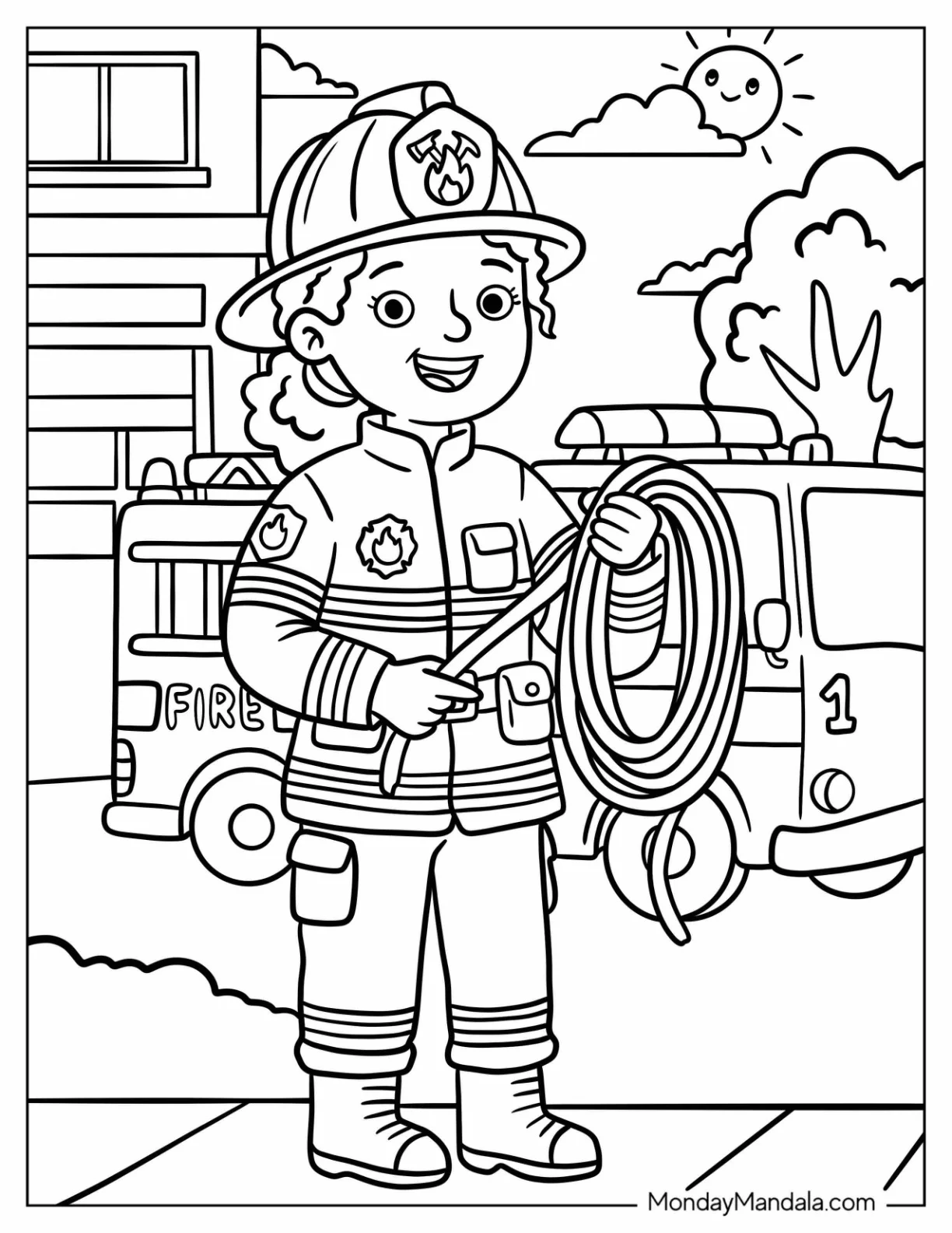 Female Firefighter Holding a Fire Hose Coloring Page for Kids coloring page