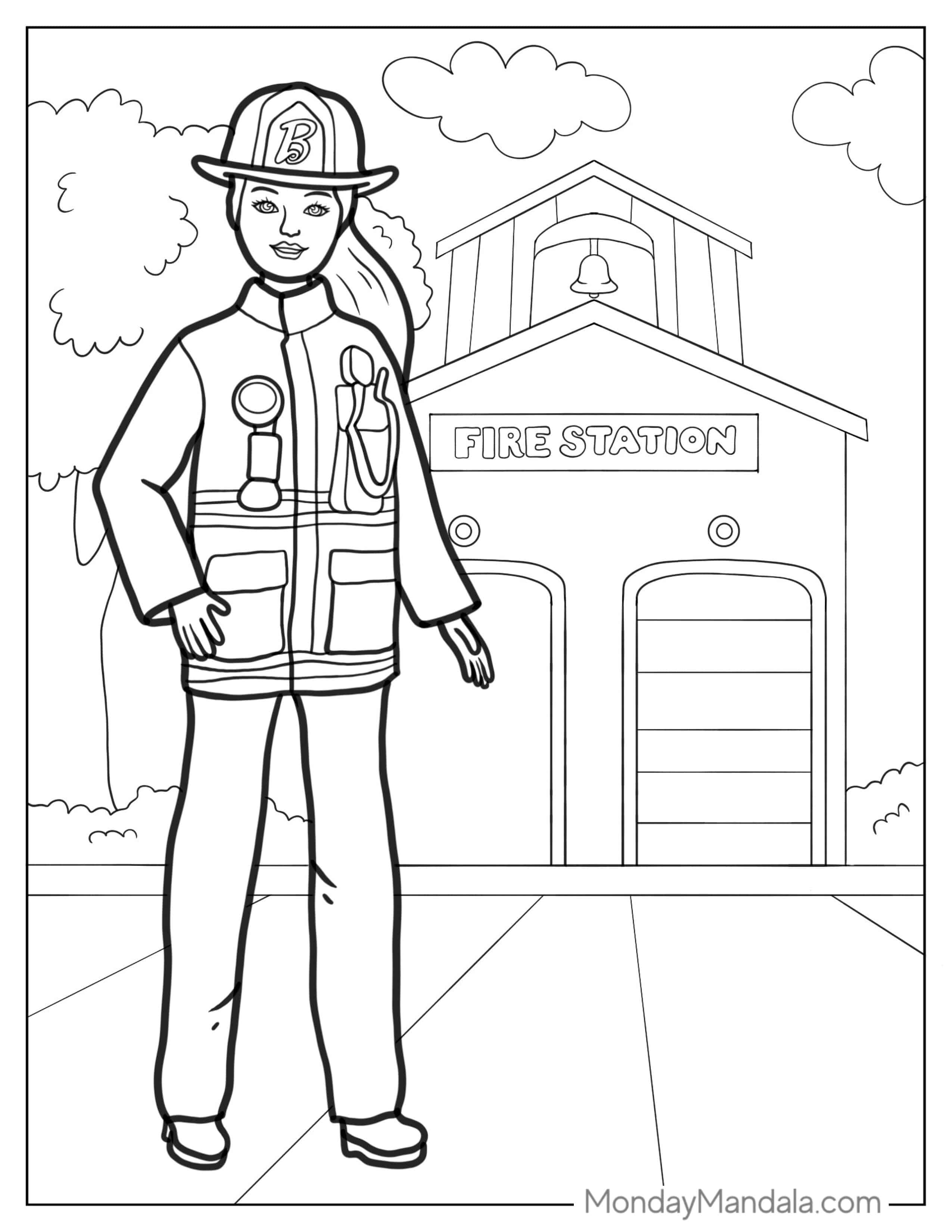 Female Firefighter In Front Of Fire Station Coloring Sheet coloring page