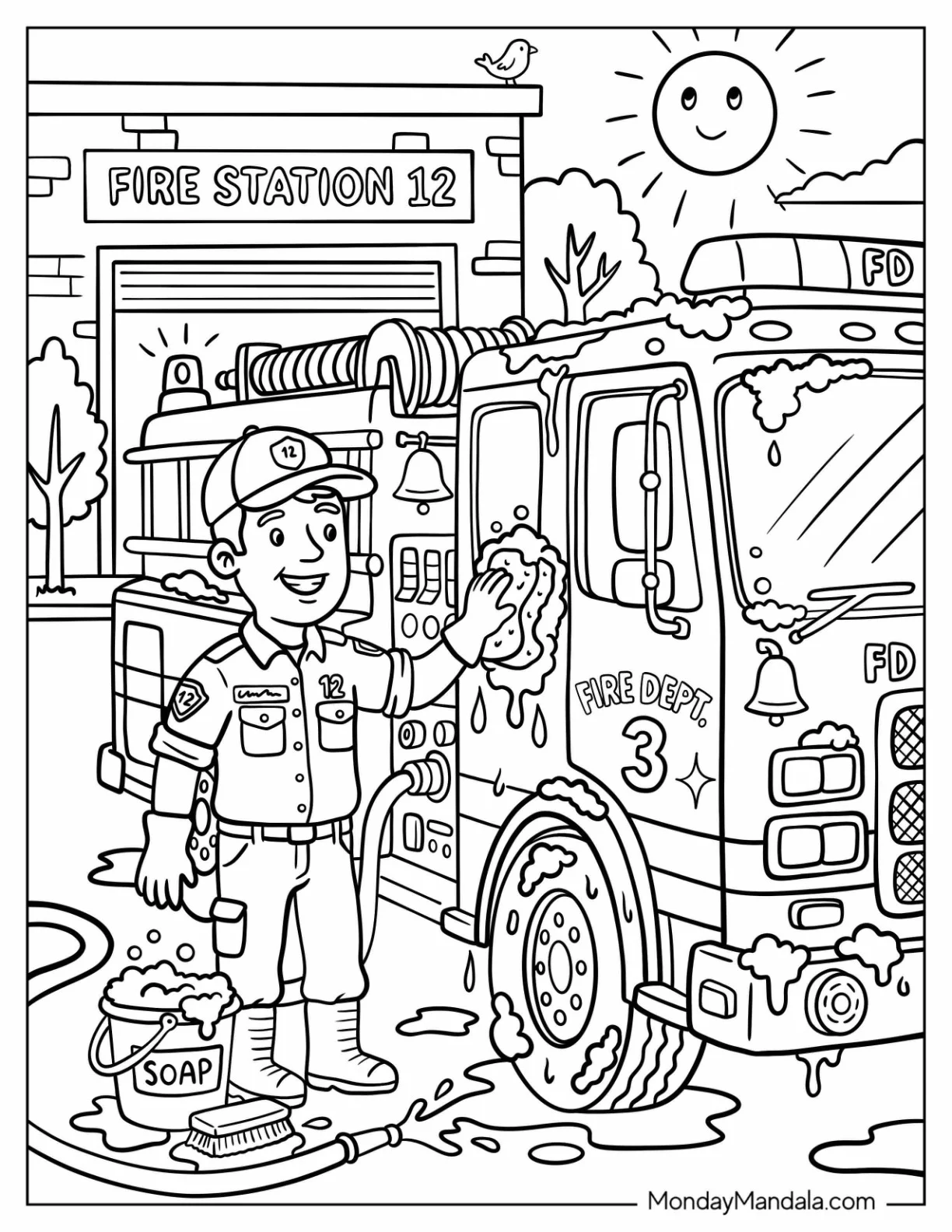 Firefighter Cleaning a Fire Truck Coloring Page coloring page