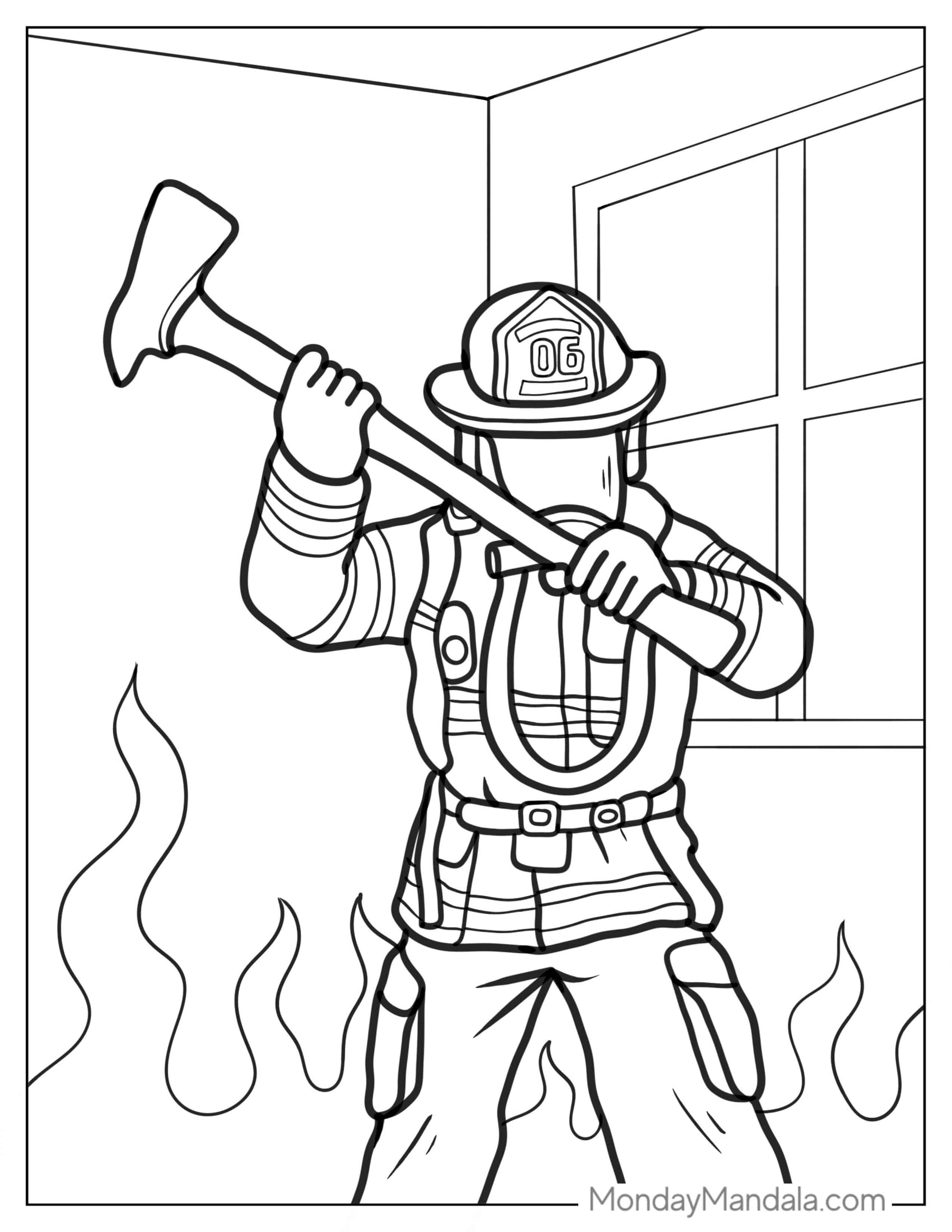 Firefighter Engulfed By Flames Breaking Down Door coloring page