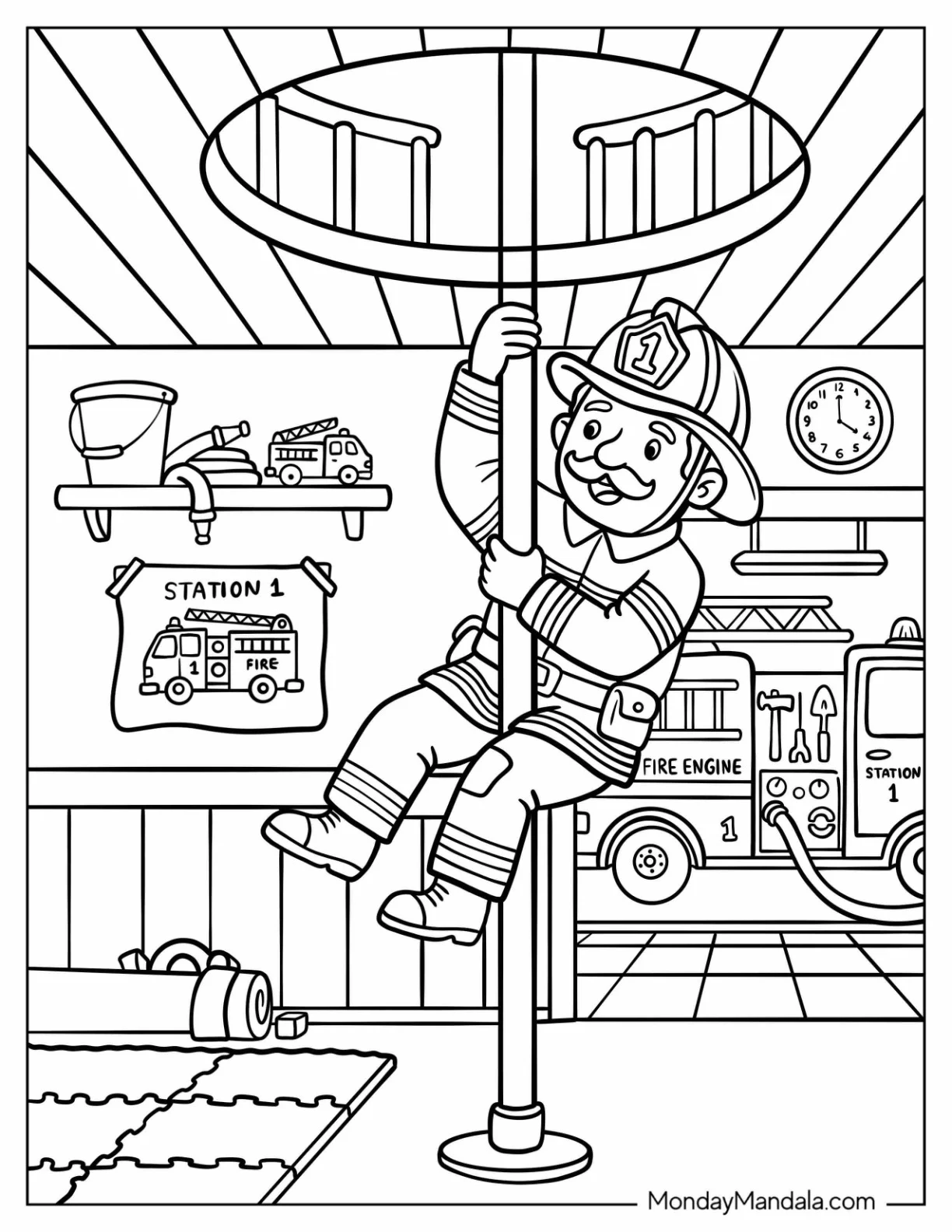 Firefighter Going Down a Sliding Pole Coloring Page coloring page