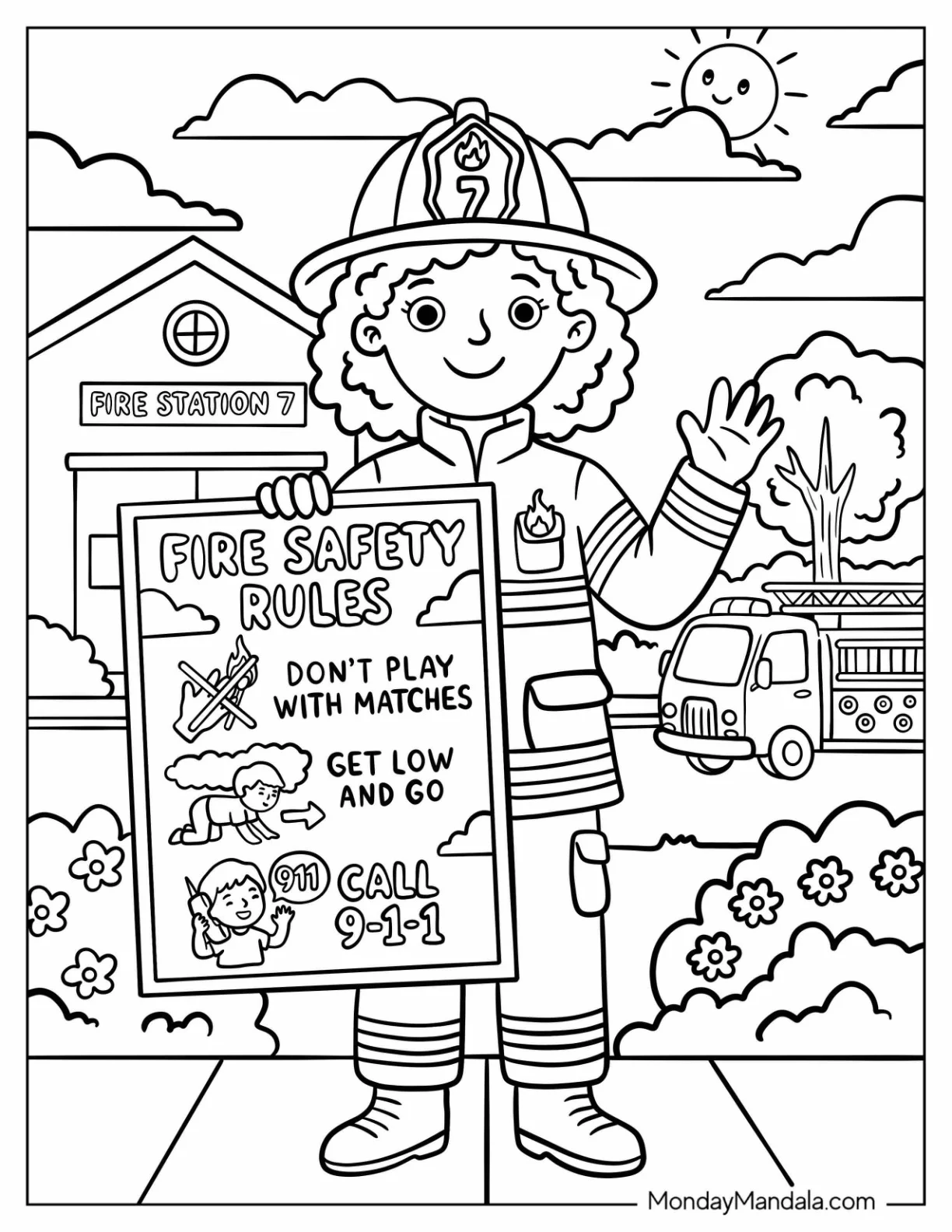 Firefighter Holding Fire Safety Rules Poster coloring page