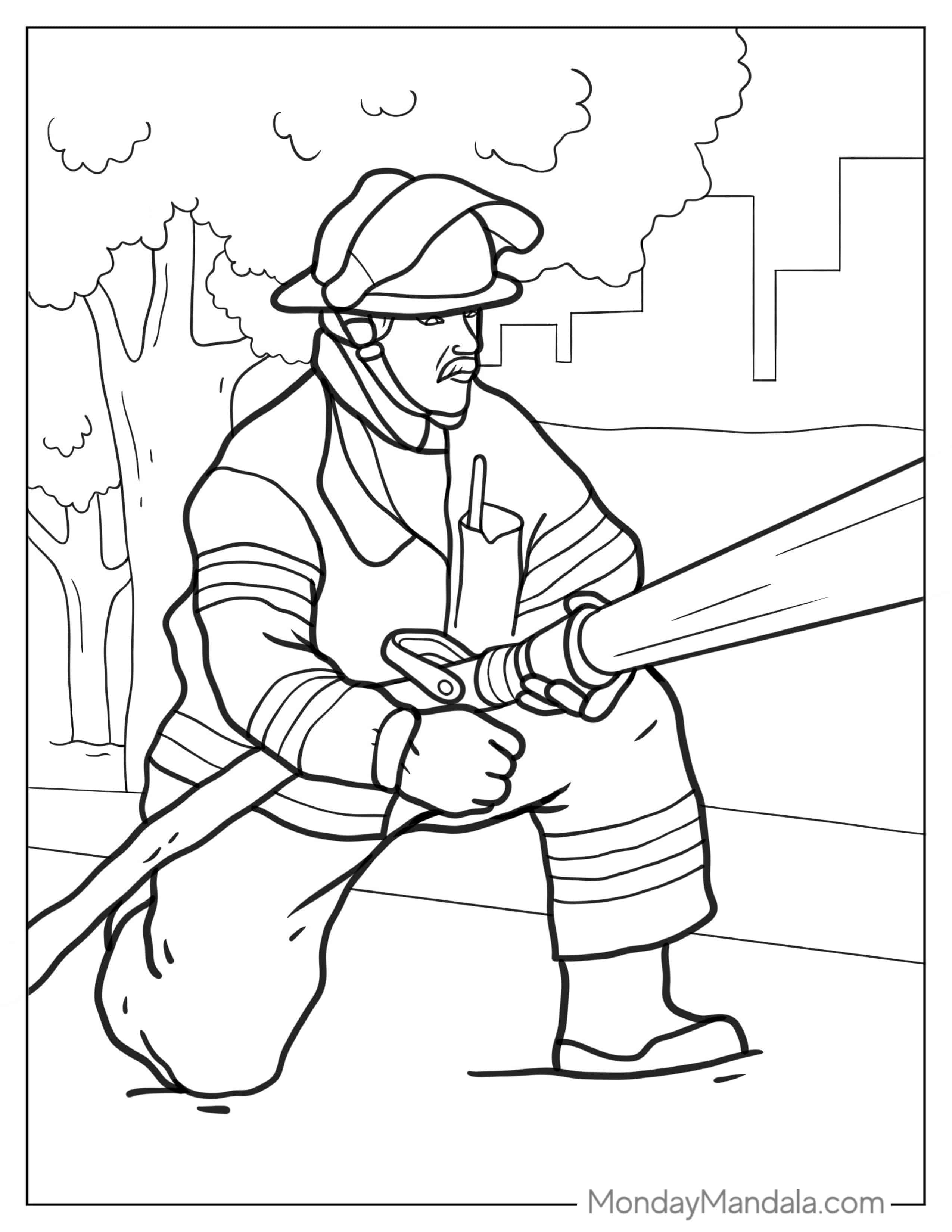 Firefighter Holding Hose Putting Out Fire coloring page