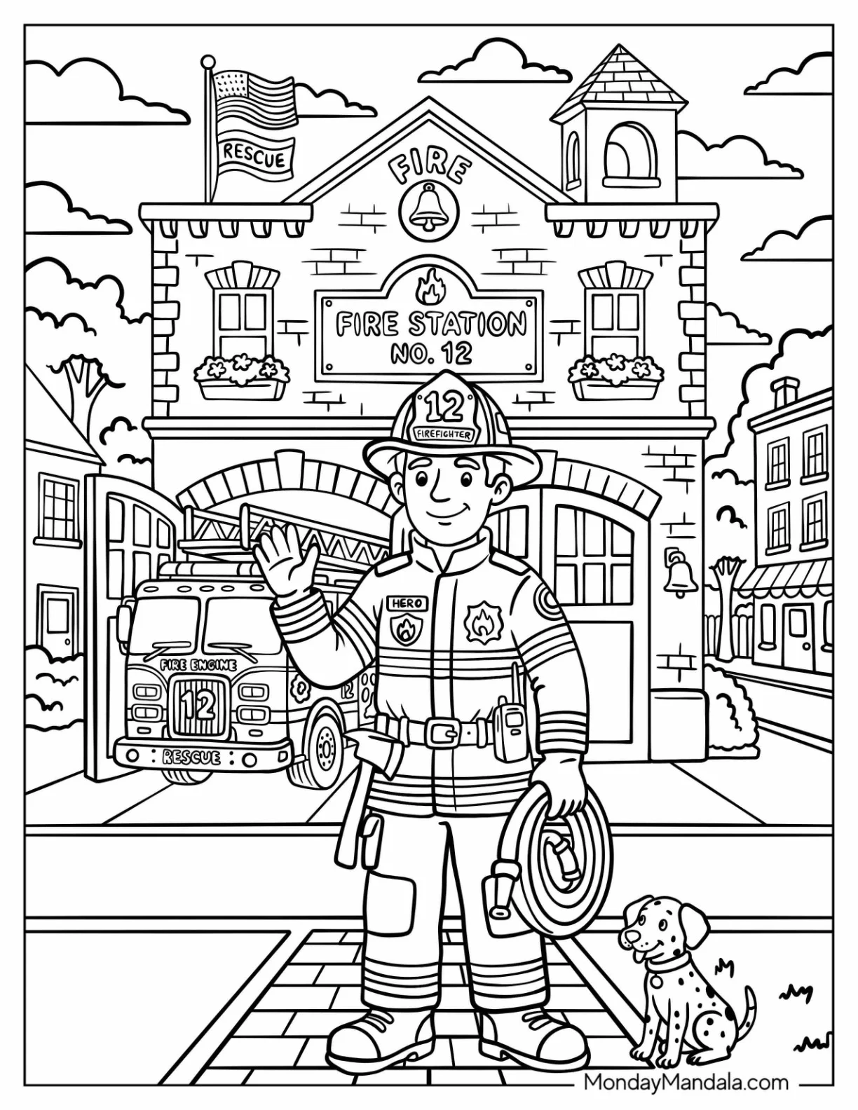 Firefighter in Front of a Fire Station with a Dalmatian Coloring Page coloring page
