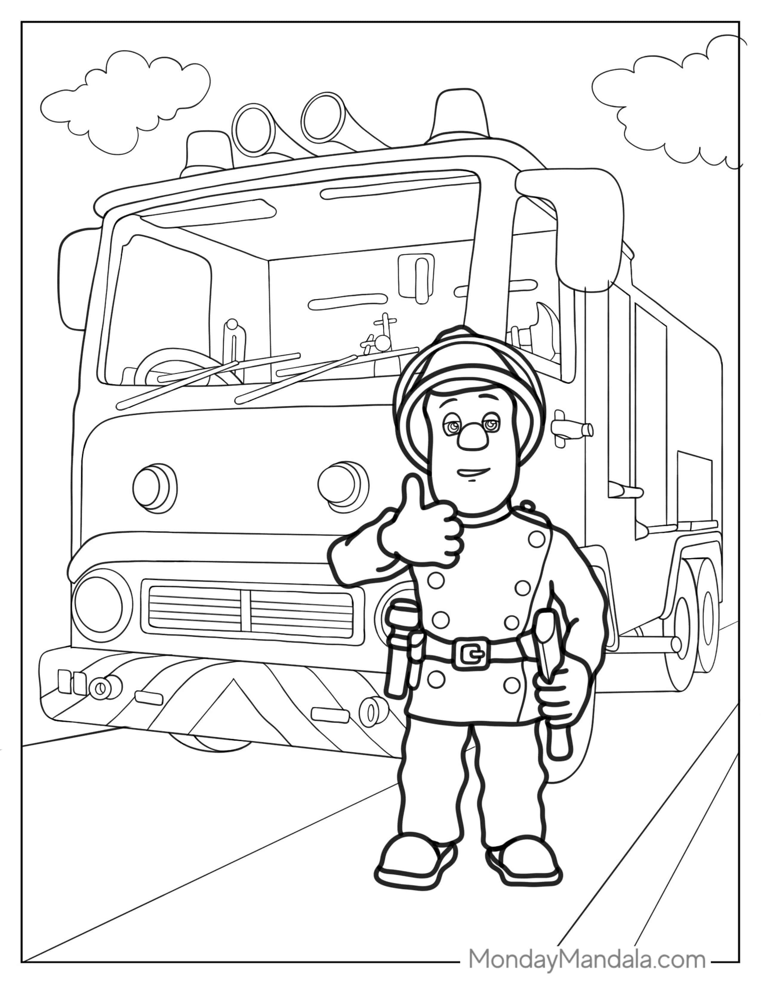 Firefighter In Front Of Fire Truck Coloring Sheet coloring page