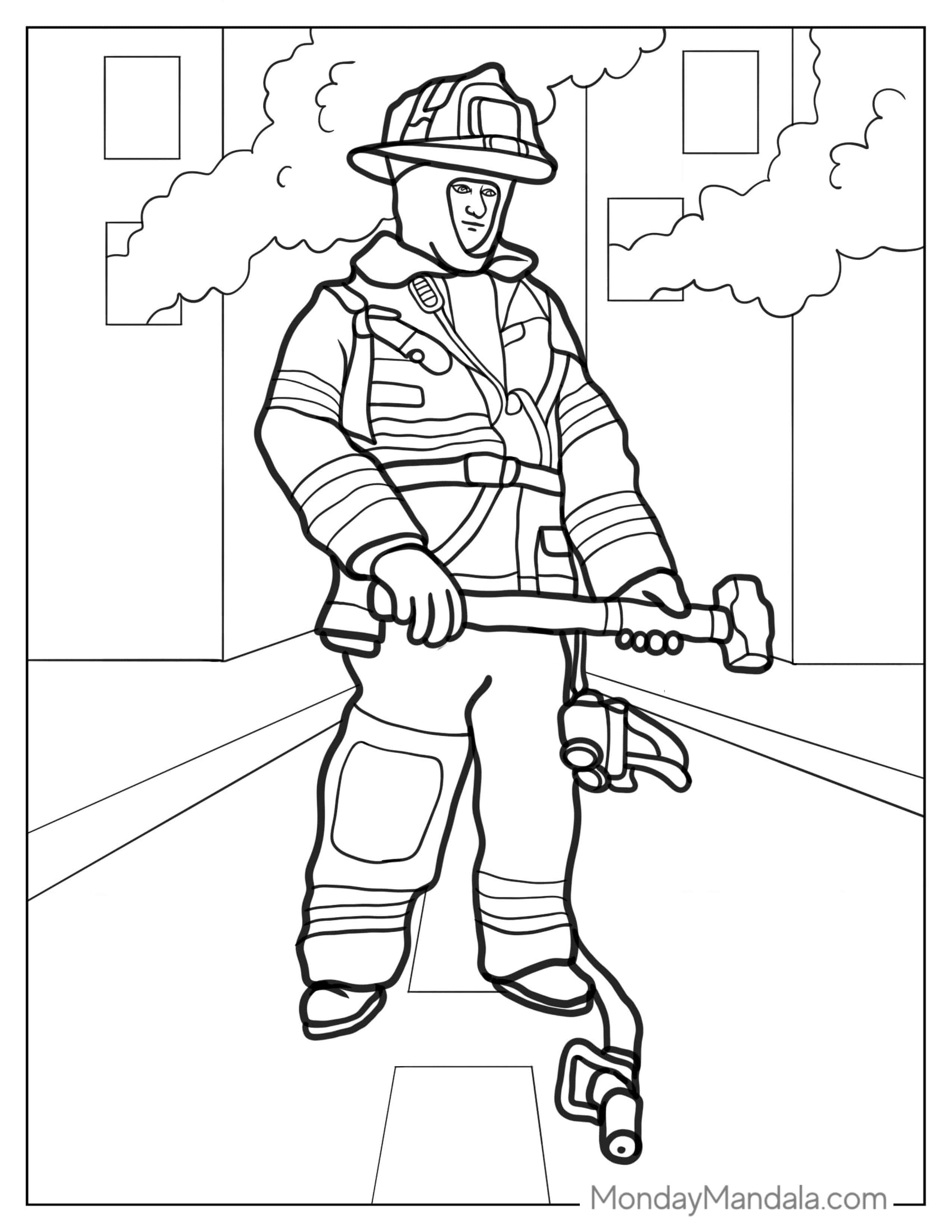 Firefighter In Full Uniform Battling Fire coloring page
