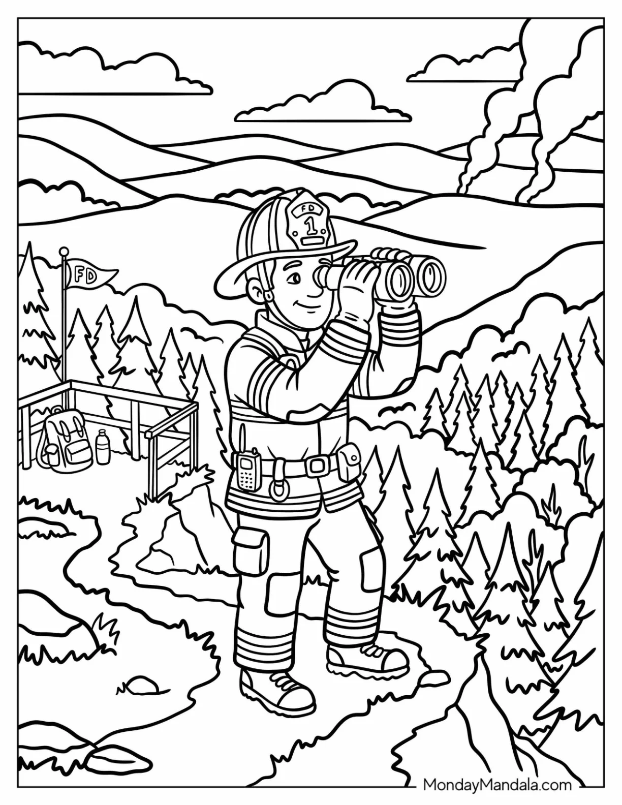 Firefighter Looking for Forest Fire with Binoculars Coloring Page coloring page