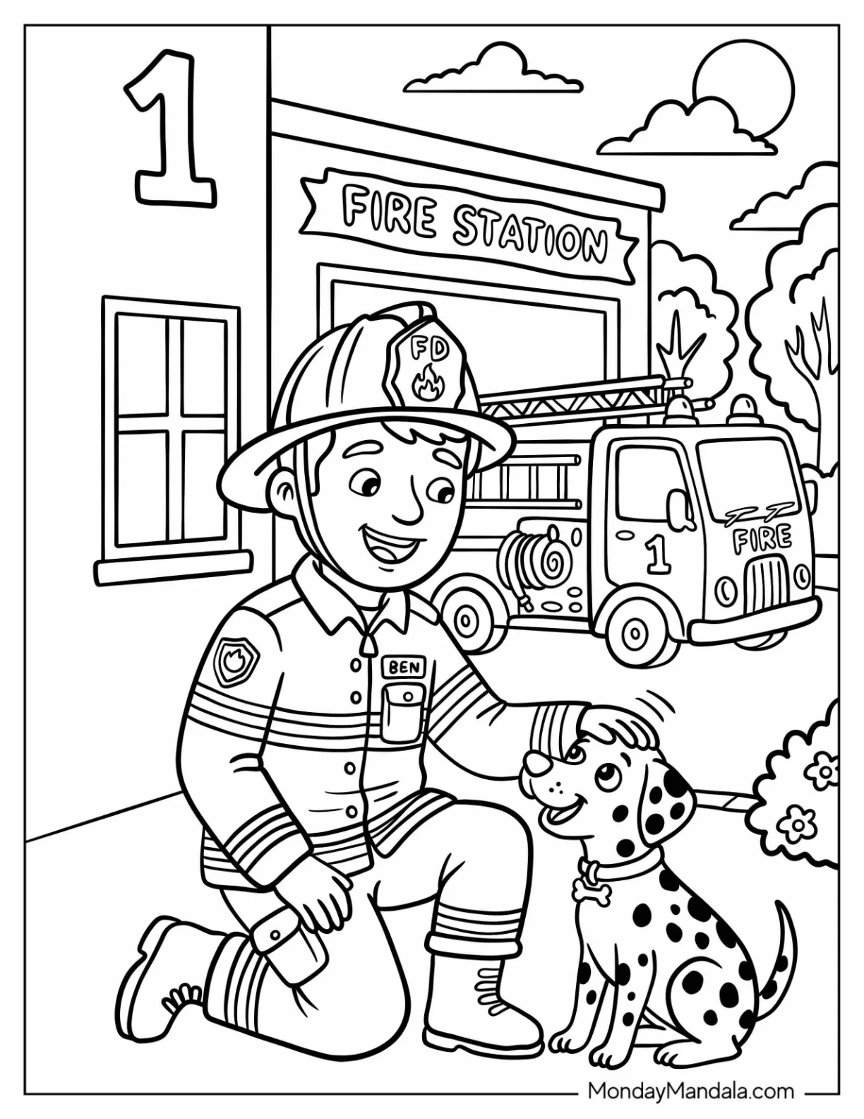 Firefighter Petting a Dalmatian at a Fire Station coloring page