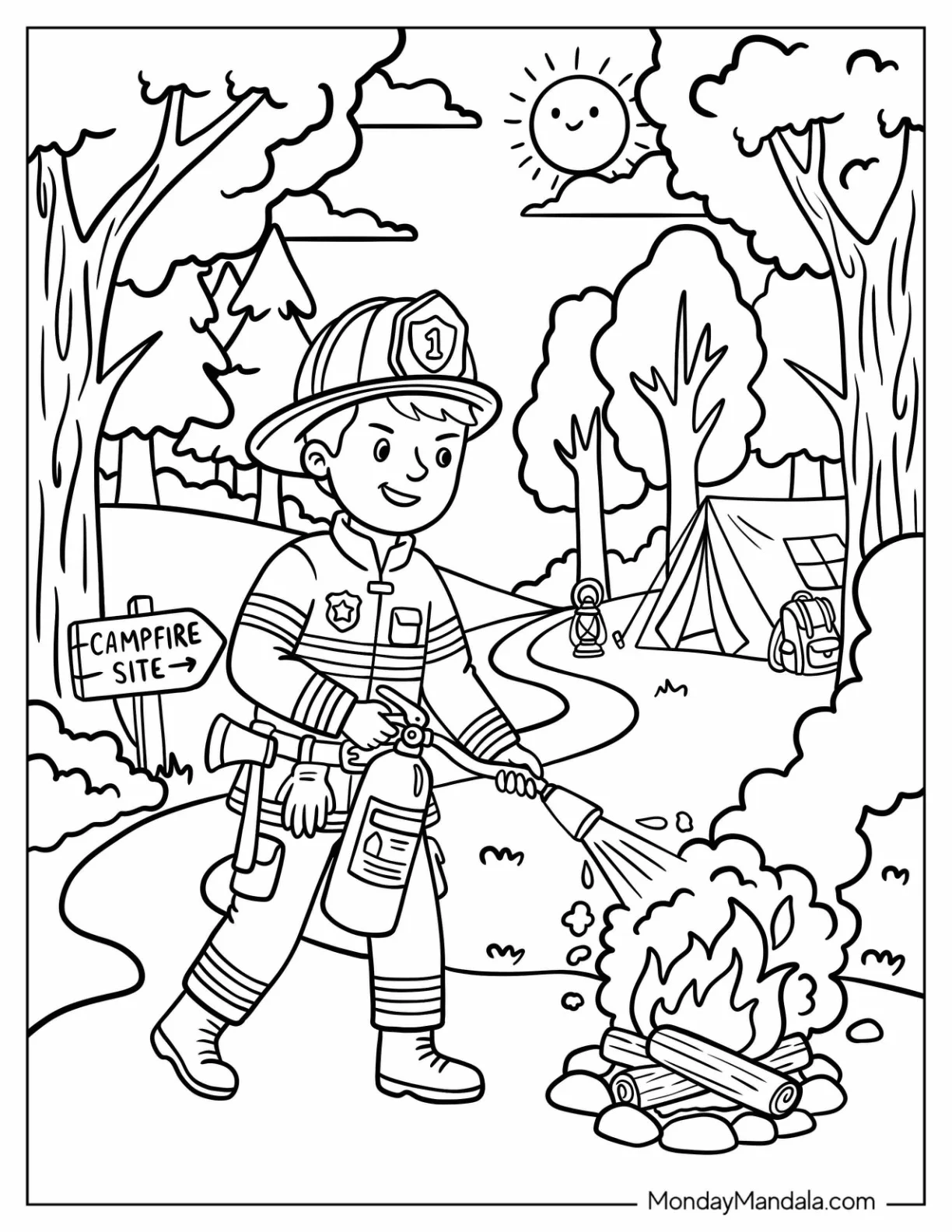 Firefighter Putting Out a Bonfire Coloring Sheet coloring page