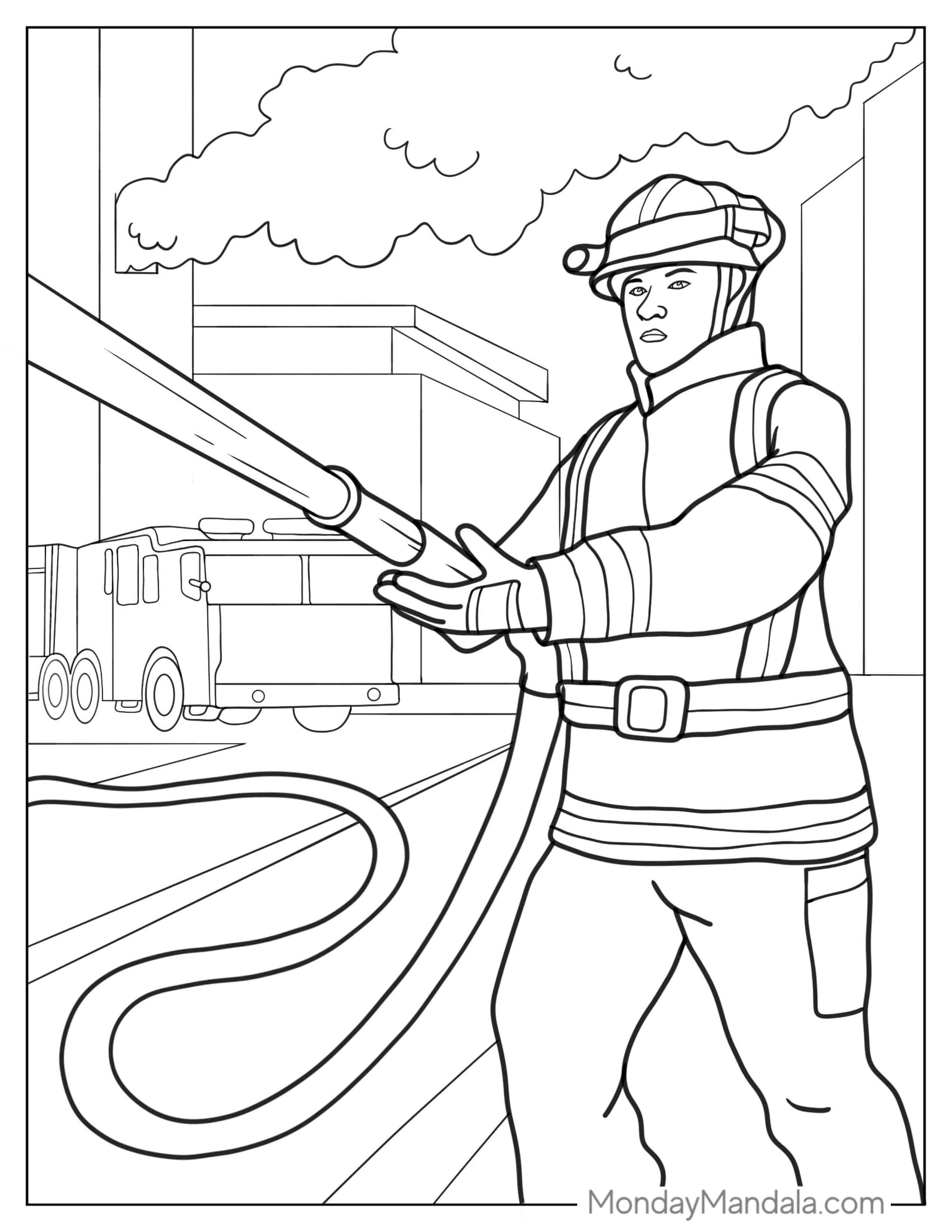 Firefighter Putting Out Building Fire To Color coloring page