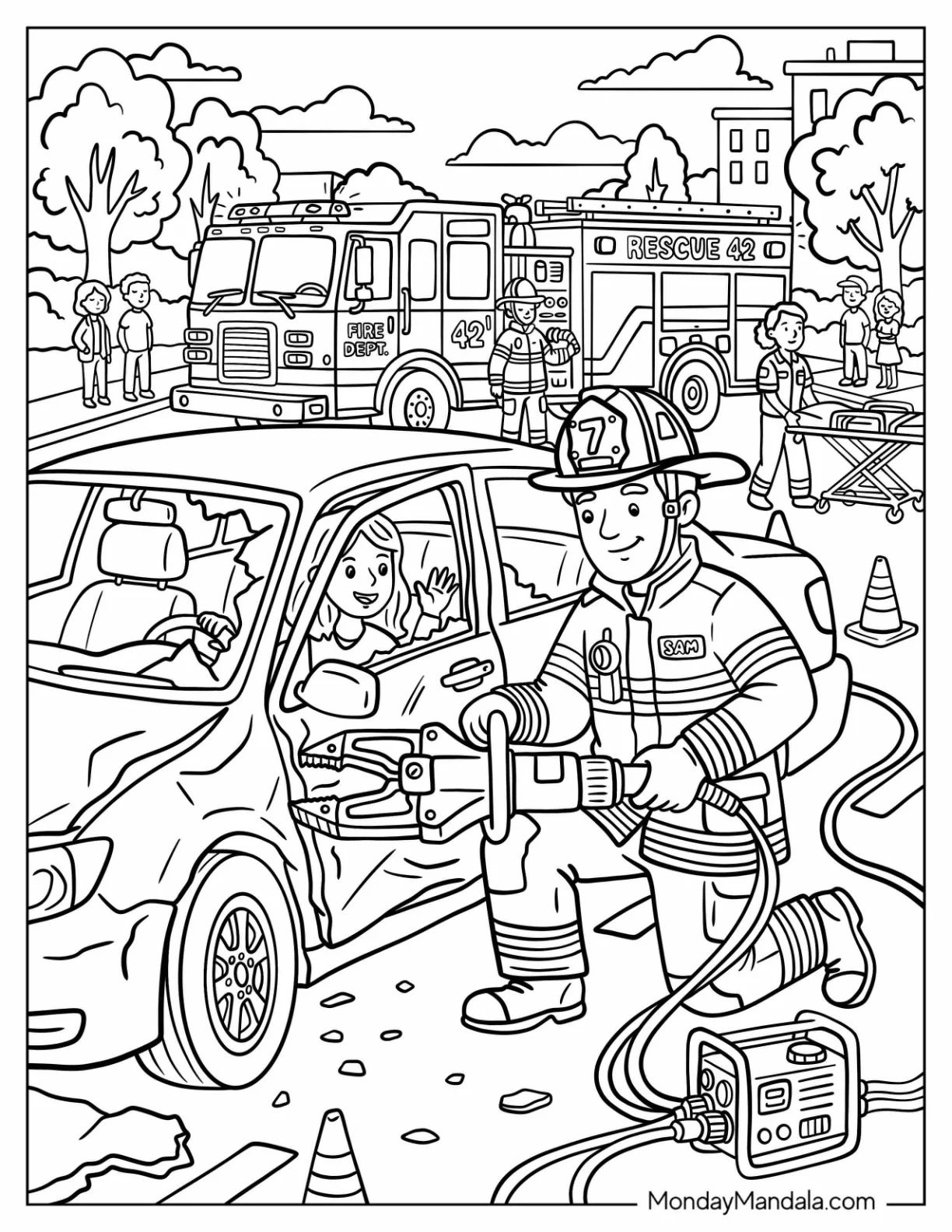 Firefighter Removing Car Door to Save a Woman Coloring Page coloring page