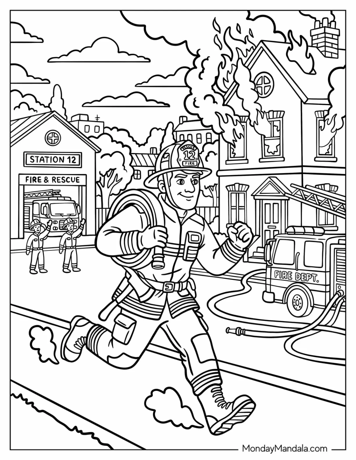 Firefighter Running with a Fire Hose During a Fire coloring page