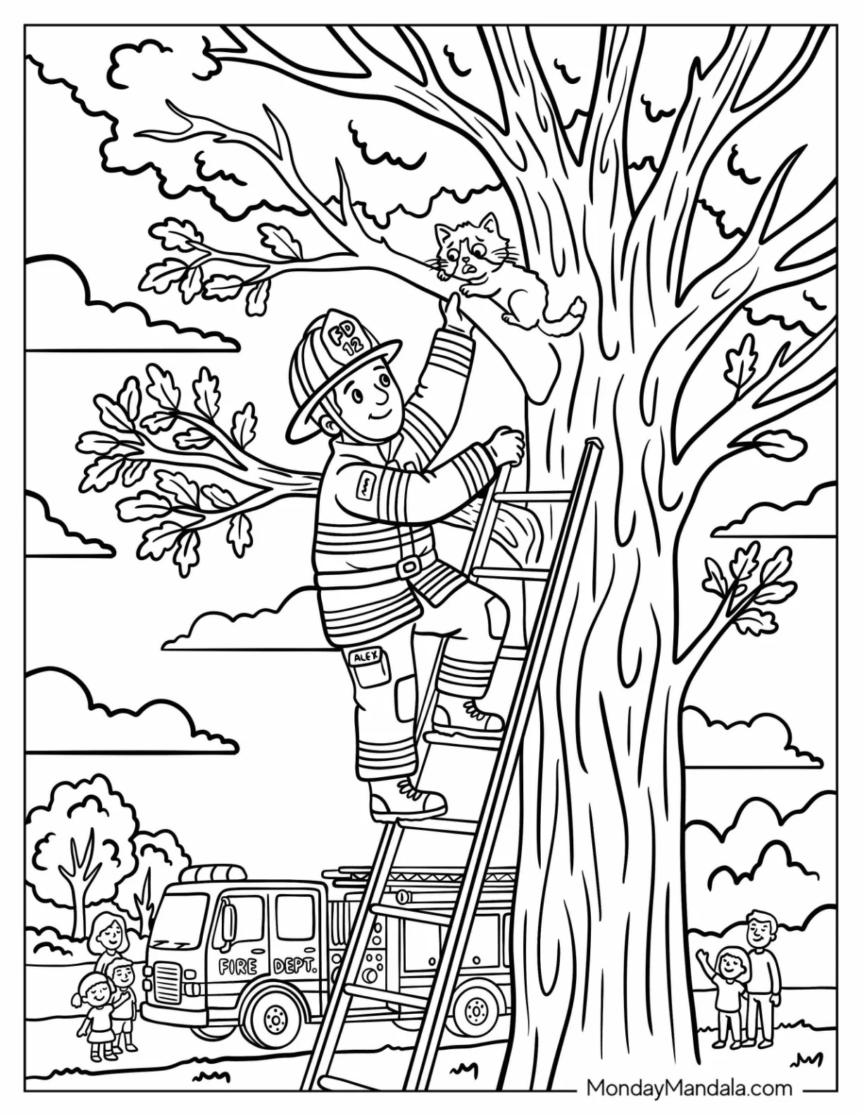 Firefighter Saving a Cat from a Tree Coloring Page coloring page