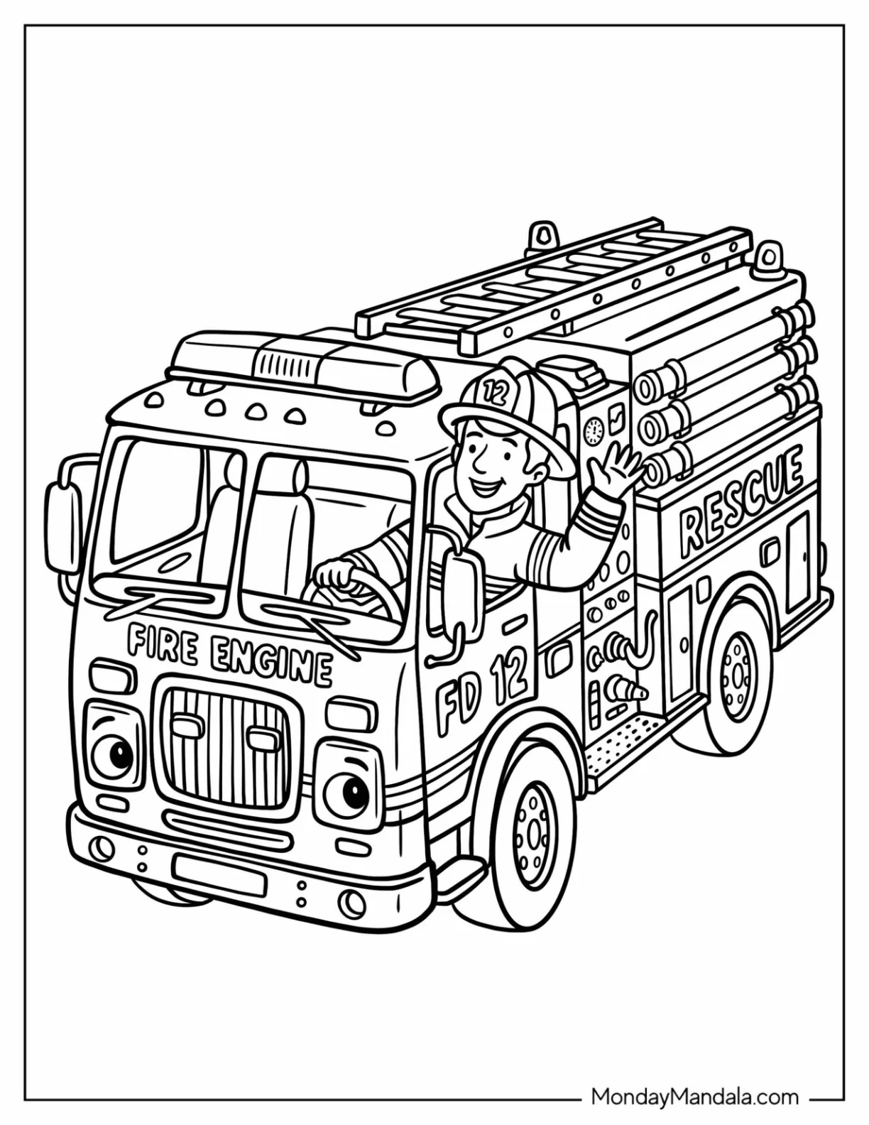 Firefighter Waving From a Cartoon Fire Truck Coloring Page coloring page