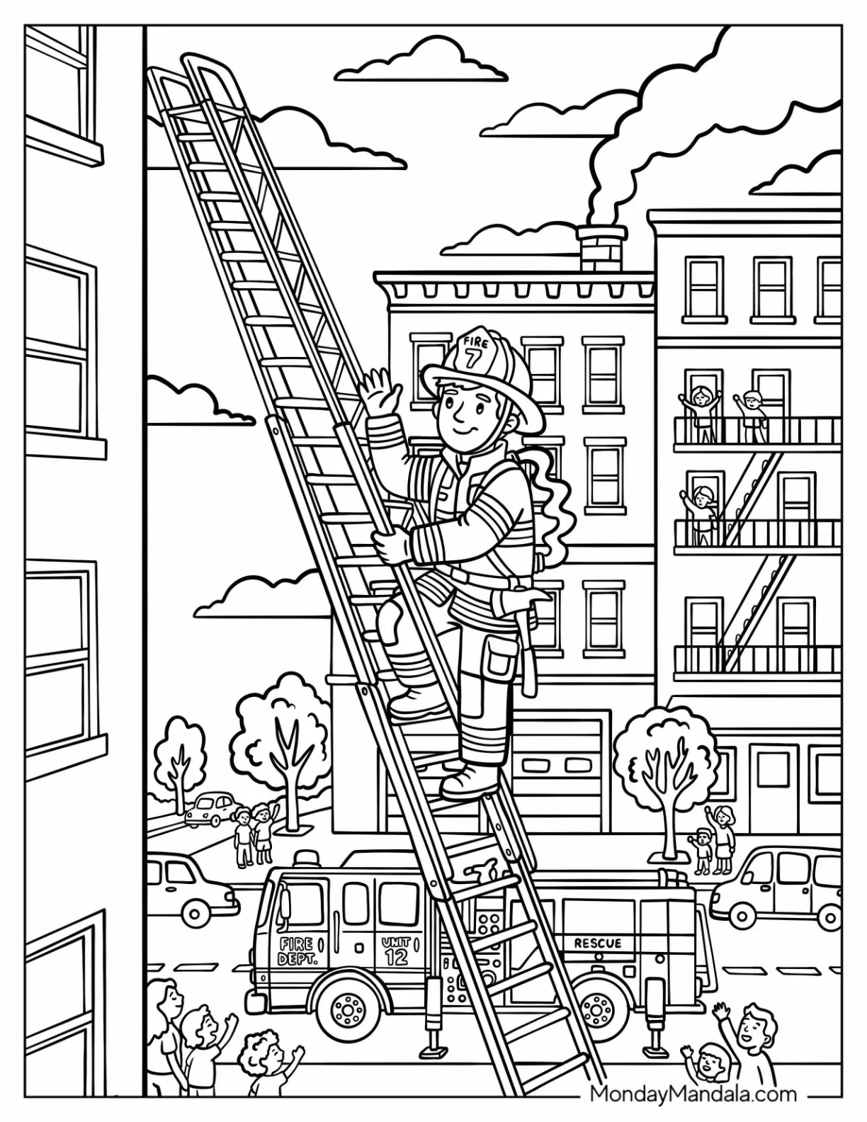 Firefighter Waving From a Long Ladder Coloring Page coloring page