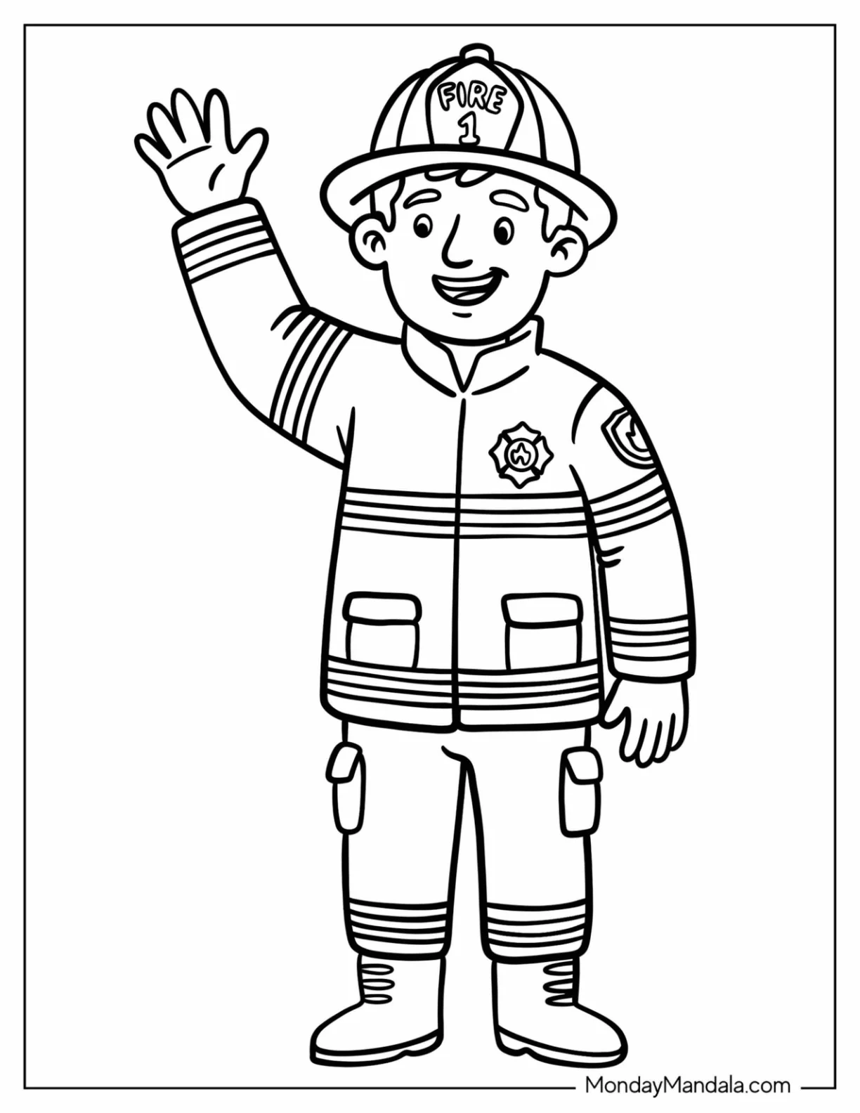 Friendly Firefighter Waving Coloring Page for Kids coloring page