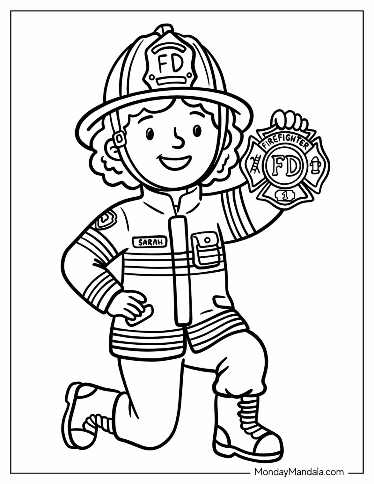 Girl Firefighter Holding a Badge Coloring Page for Kids coloring page