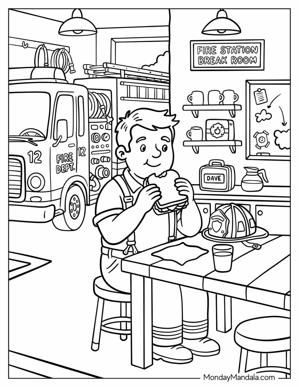 Hungry Firefighter Eating a Sandwich Coloring Sheet coloring page