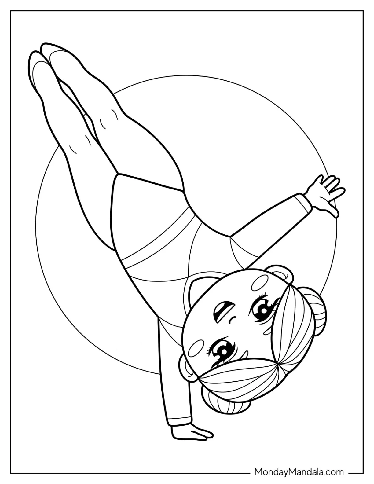 Gymnastics Coloring Page of Adorable Gymnast Balancing on One Arm with Circular Spotlight Design for Kids coloring page