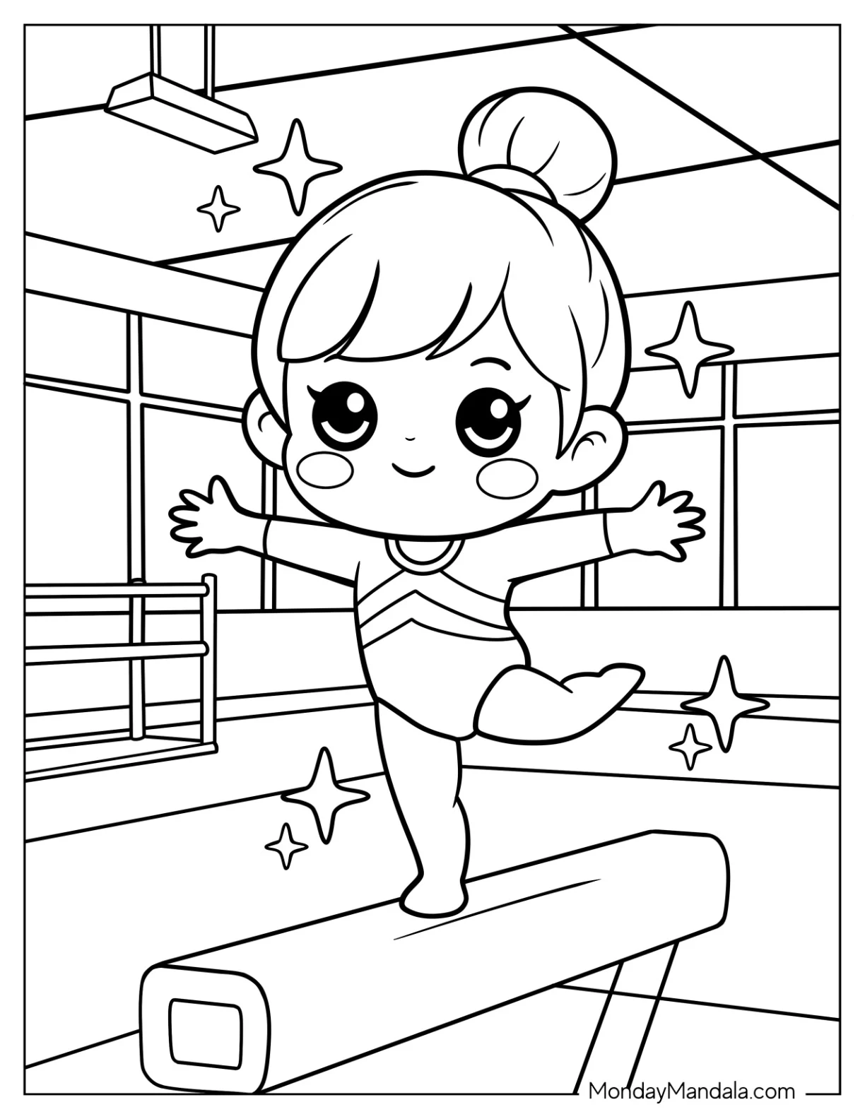 Gymnastics Coloring Page of Adorable Gymnast Girl Smiling on Balance Beam with Sparkles for Preschoolers coloring page