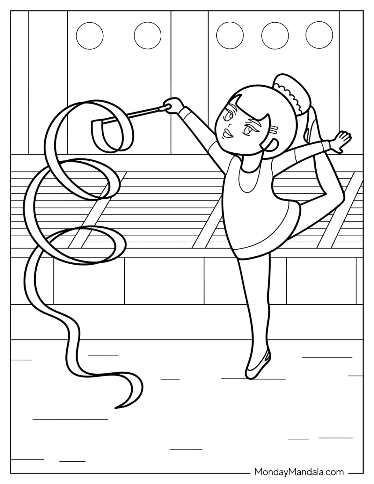 Gymnastics Coloring Page of Cartoon Girl Ribbon Rhythmic Gymnastics coloring page — printable line art