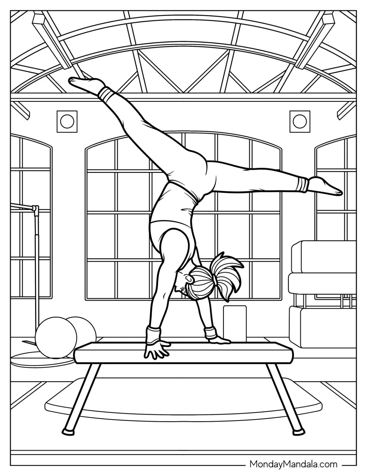 Gymnastics Coloring Page of Confident Gymnast Holding Handstand Pose on Vault Bench coloring page — printable line art