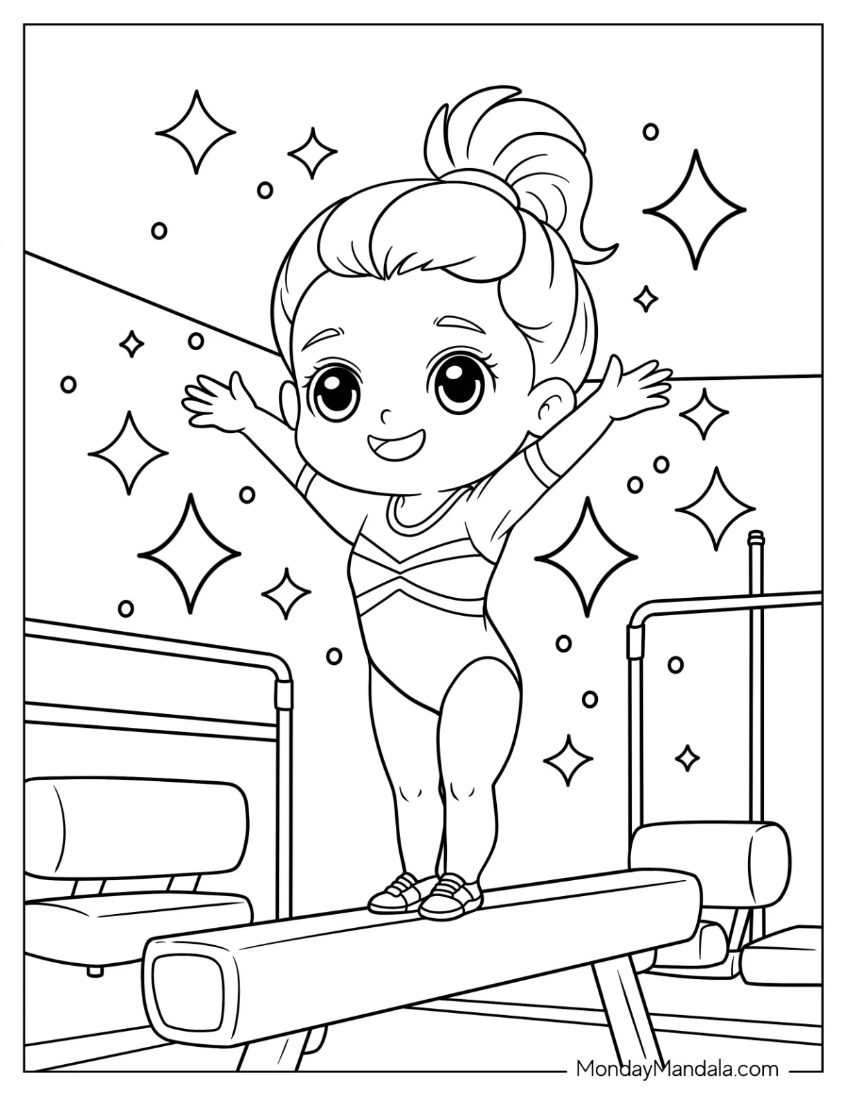 Gymnastics Coloring Page of Confident Little Gymnast Standing Proudly on Balance Beam with Sparkles for Kids coloring page
