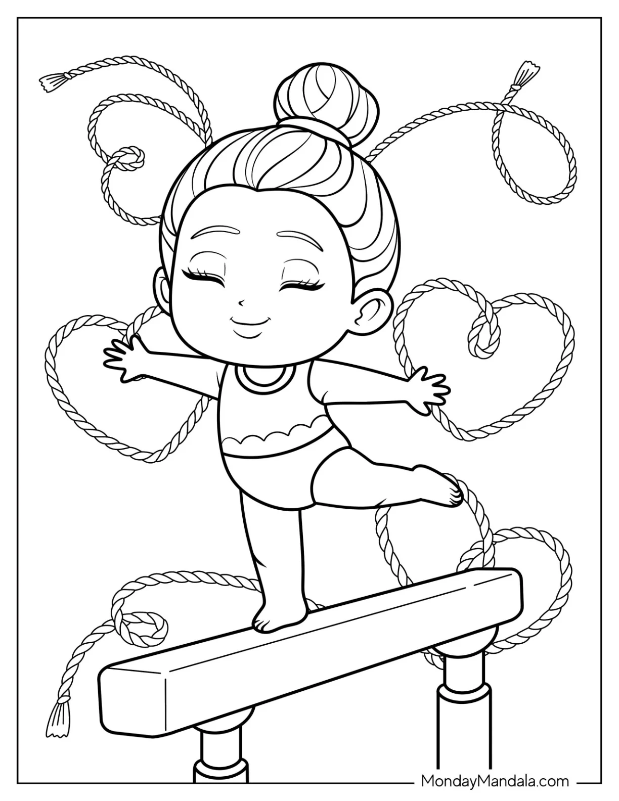 Gymnastics Coloring Page of Cute Cartoon Gymnast Girl Performing on Balance Beam with Twisting Heart Ribbons for Kids coloring page — printable line art